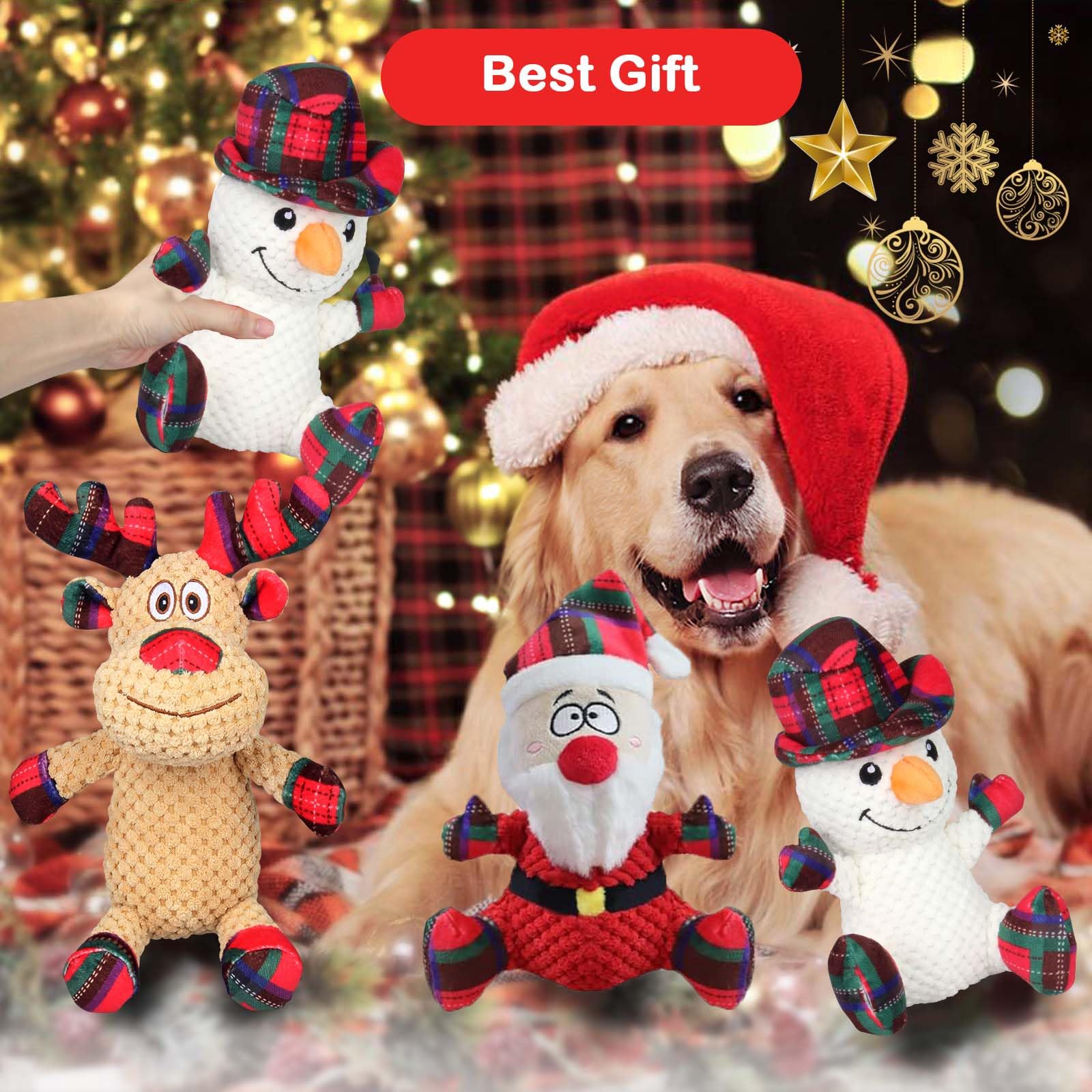 3 Pack Christmas Squeaky Dog Toys - Plush Chew Toys for Small & Medium Dogs, Puppy Teething Toys with Funny Squeaker for Playtime & Training - Perfect for Holiday Gifts, Birthday Presents & Interactive Play