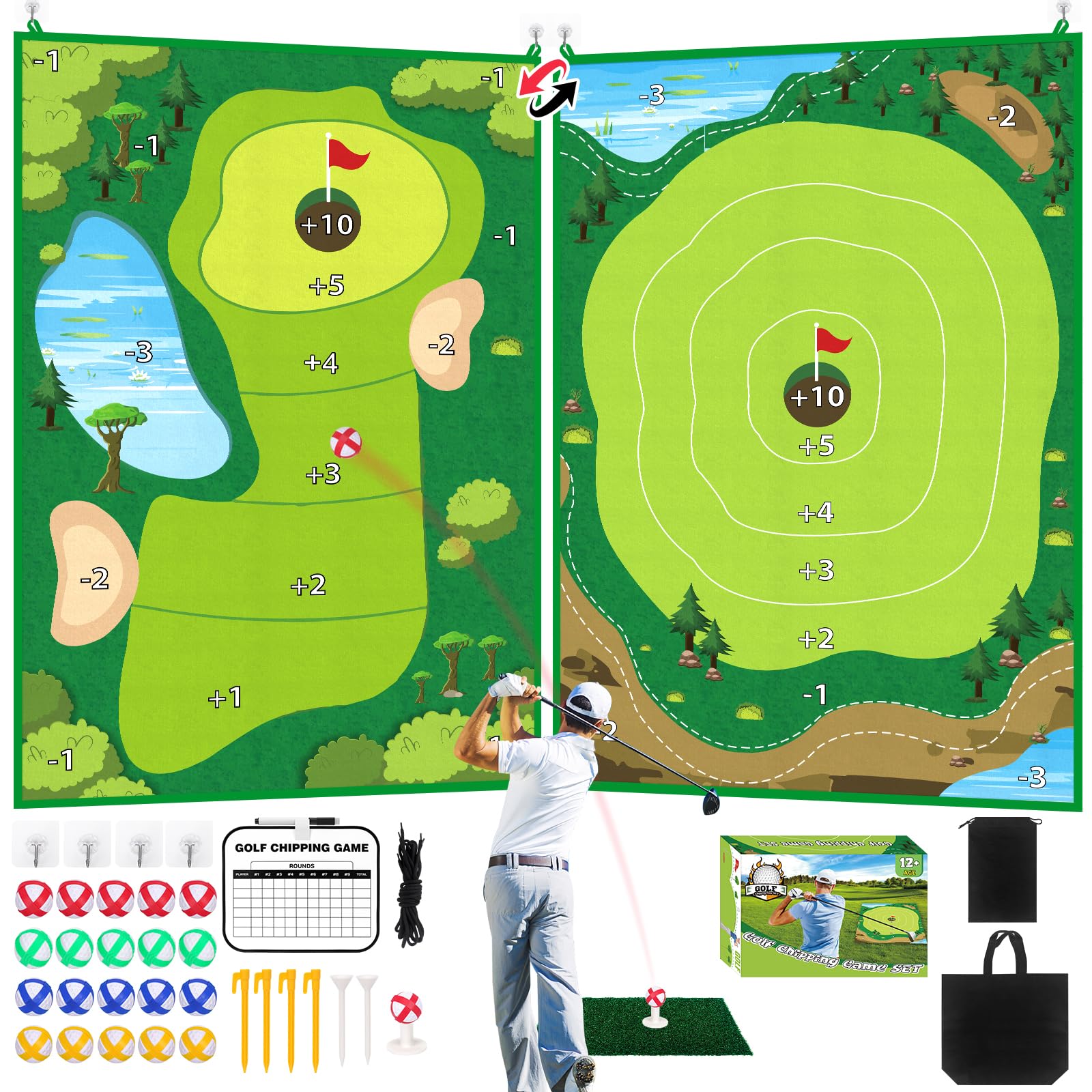 Double-Sided Chipping Golf Game Set with Practice Mats & 20 Balls - Backyard & Indoor Outdoor Family Fun Game for Adults & Kids - Perfect for Parties, Picnics, and Backyard Entertainment