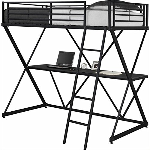 Pemberly Row X-Shaped Metal Twin Loft Bed with Built-in Desk - Space-Saving Black Loft Bed for Kids & Teens - Perfect for Small Bedrooms, Dorms & Studio Apartments
