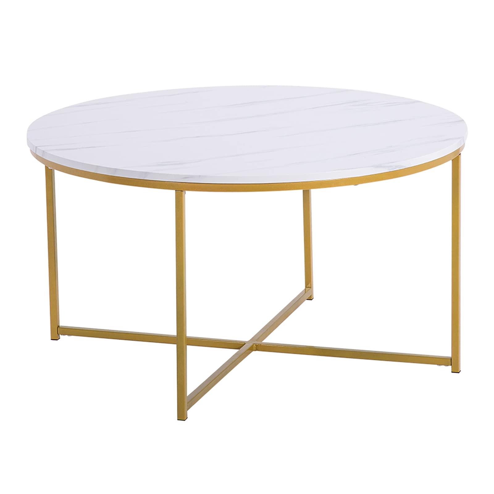 White Marble Round Coffee Table with Golden Metal X-Shaped Base - 35 Inch Modern Living Room Table with Smooth Surface & Cross Foot Design - Perfect for Small Spaces, Apartments & Home Decor (GC983125874)