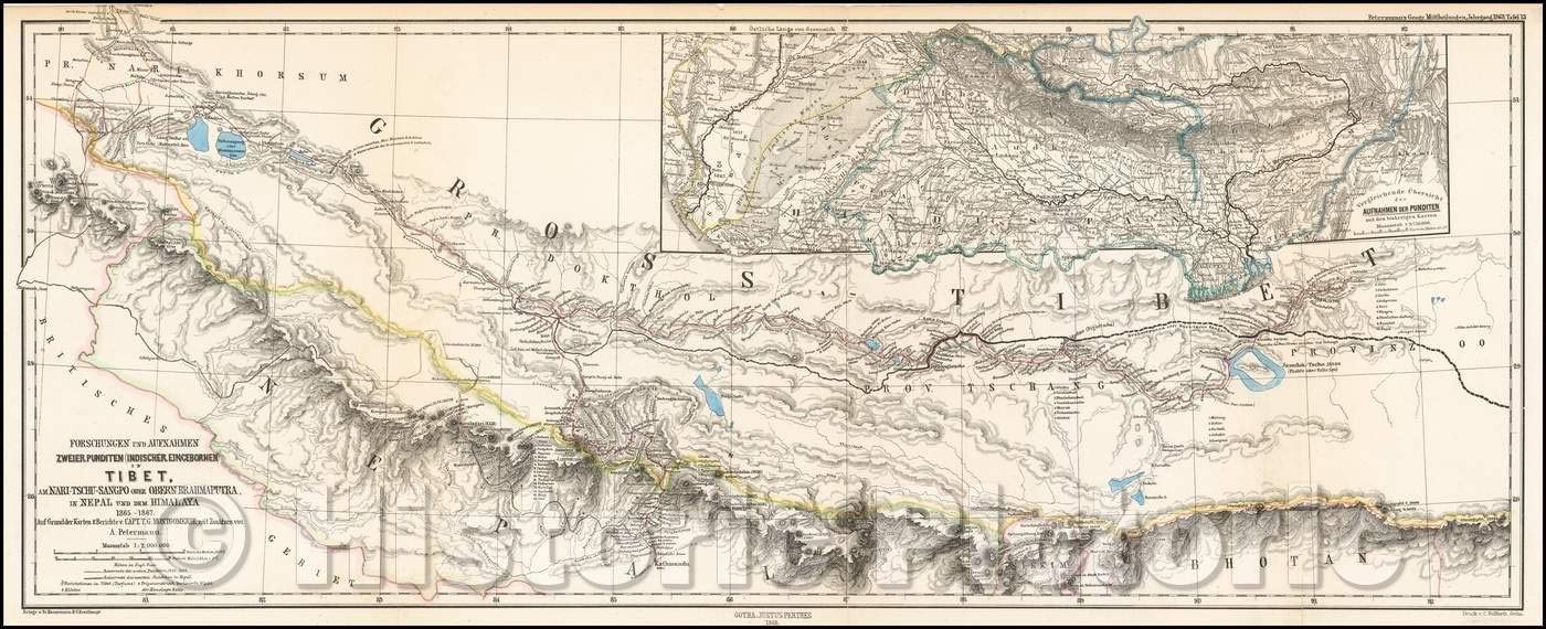 Vintage Historic Map of Mount Everest, K2 & Himalayas - 1868 Sikkim-Bhutan-Tibet Tri-Border Region Wall Art (89x36 inches) - Perfect for Home Office Decor, Geography Classroom & Himalayan Expedition Inspiration