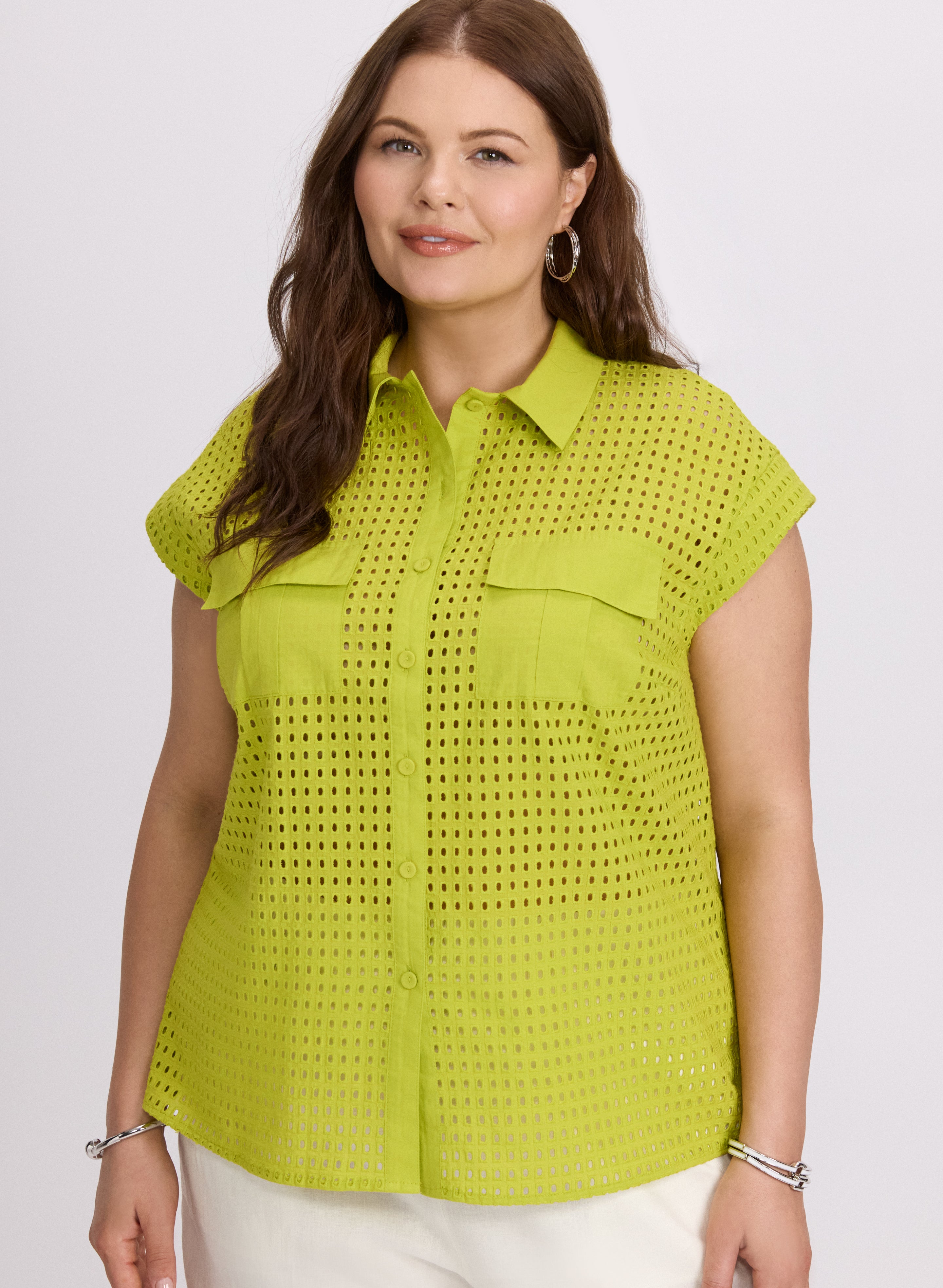 Stylish Eyelet Button Down Blouse for Women | Elegant Lace Detail Top | Perfect for Office, Date Night & Summer Outfits