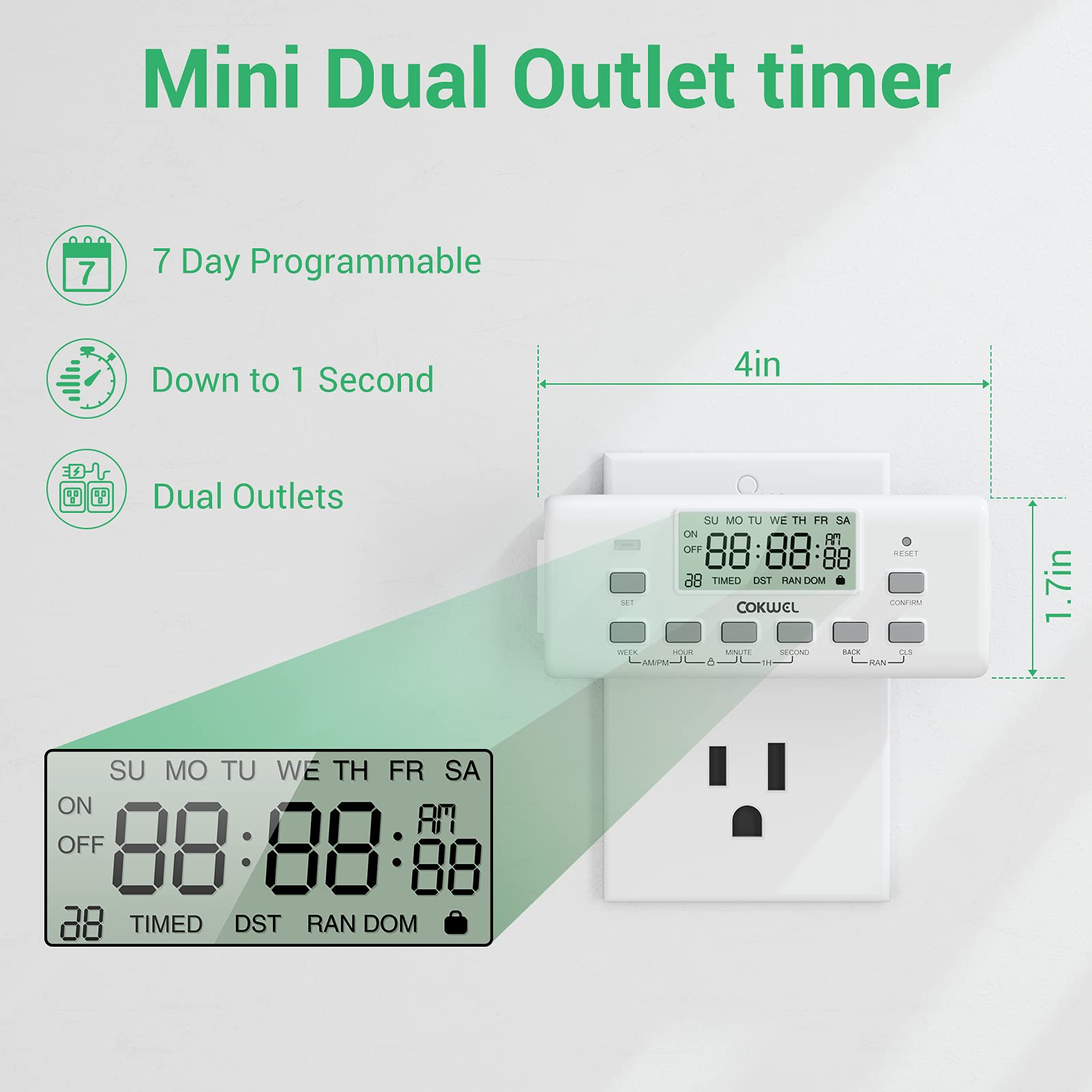 COKWEL 2-Pack Digital Outlet Timer with Dual Outlets - 7 Day Programmable Indoor Electrical Timer Switch for Lights & Appliances - 10 On/Off Settings, 24-Hour & Weekly Scheduling - Perfect for Holiday Decorations, Grow Lights & Home Automation