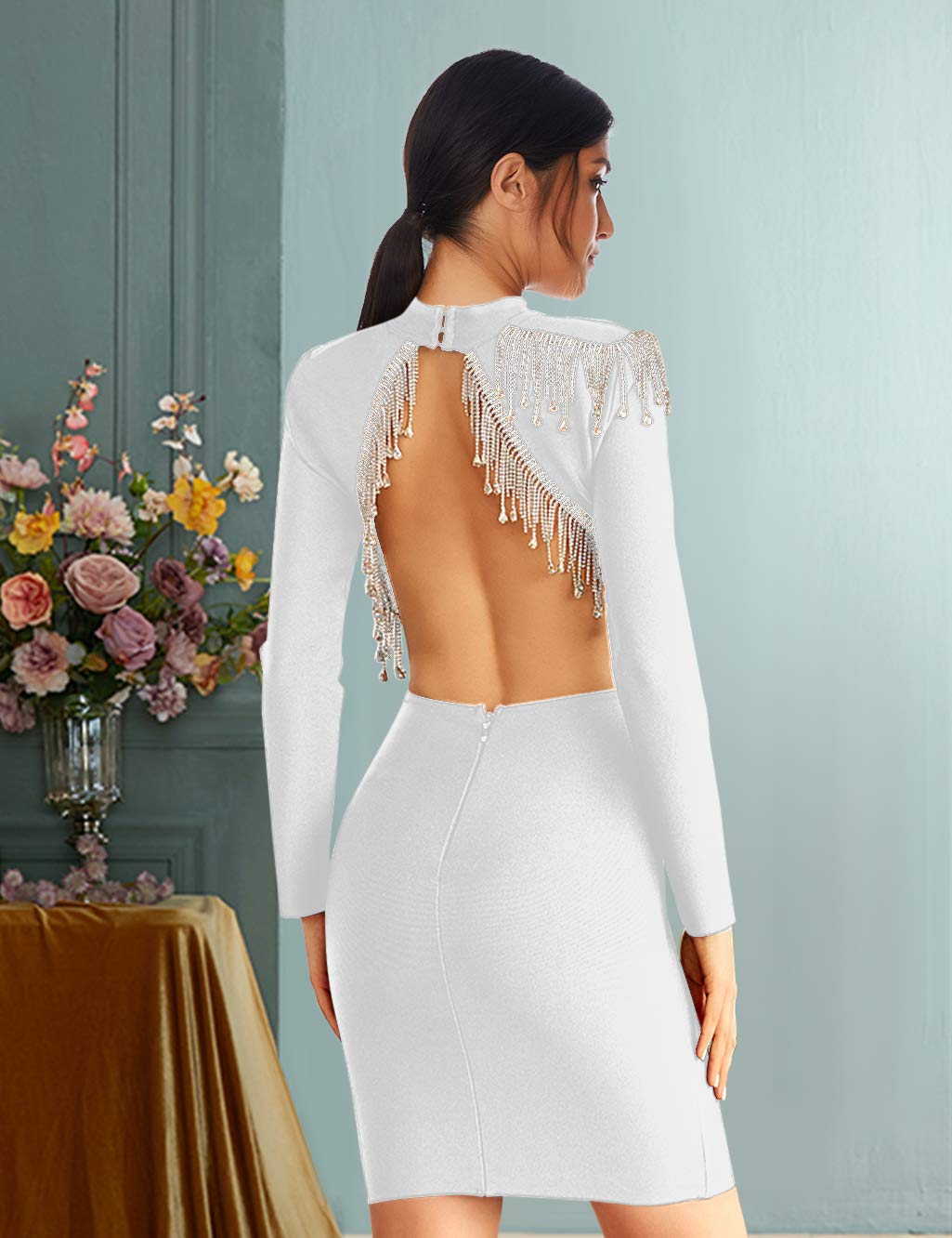 Meilun Women's Long Sleeve Bandage Bodycon Dress with Beaded Tassel - Winter Party Club Dress for Night Out, Holiday Events & Formal Occasions