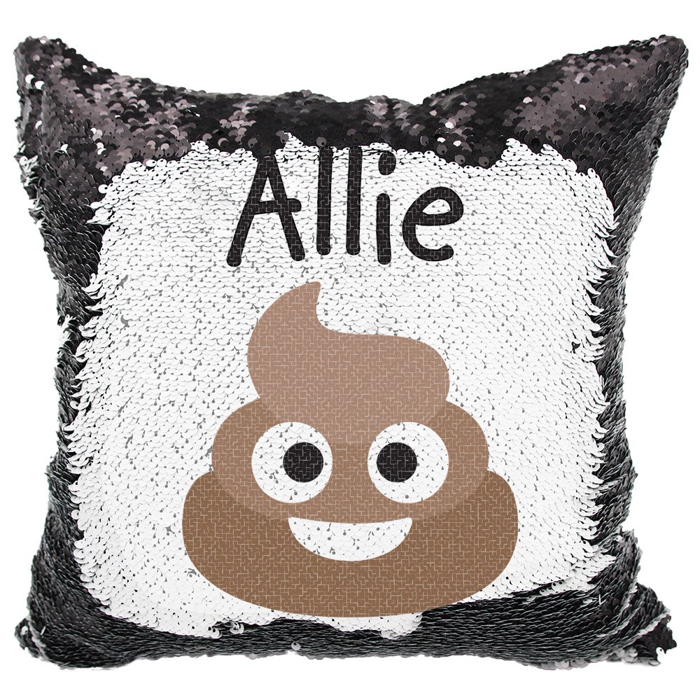 Custom Mermaid Reversible Sequin Pillow with Poop Emoji - Personalized White/Black Throw Pillow for Kids Room Decor, Birthday Gifts & TikTok Trendy Home Accessories