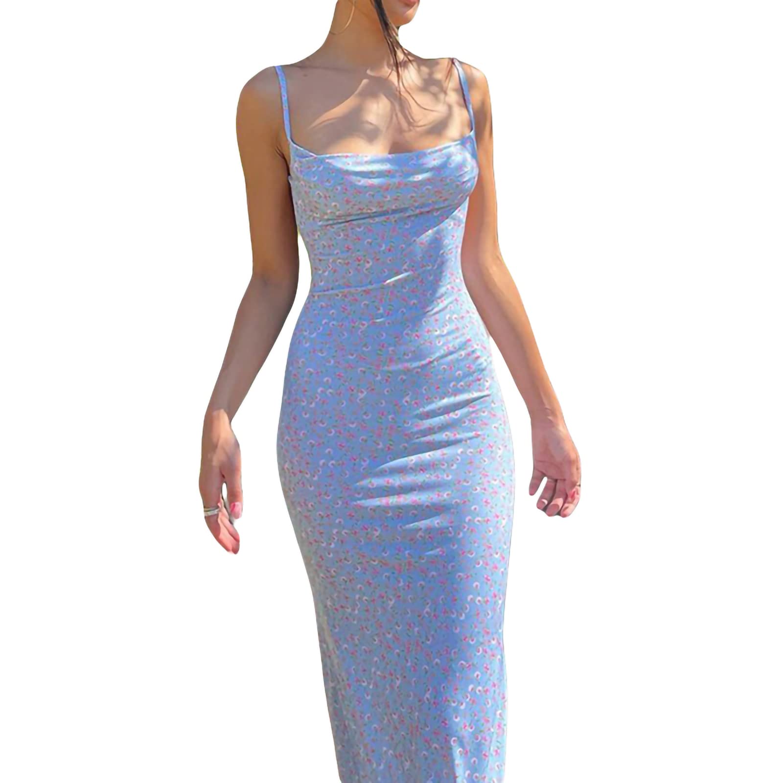 NUFIWI Women's Floral Print Spaghetti Strap Maxi Dress - Y2K Low Cut Backless Long Summer Dress for Streetwear, Party & Club Wear | Beach Vacation, Date Night, Music Festival Outfit