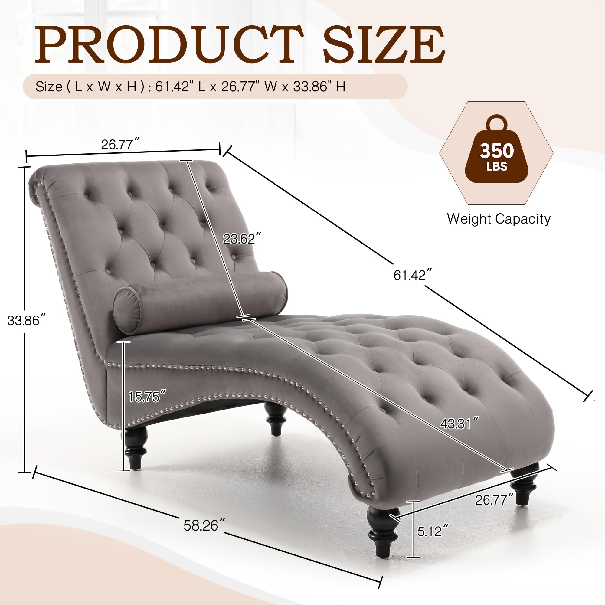 SLEERWAY Velvet Tufted Chaise Lounge Chair with Solid Wood Legs & Lumbar Pillow - Modern Upholstered Sleeper Sofa for Bedroom, Living Room, Office - Grey | Perfect for Relaxing, Reading & Small Space Decor