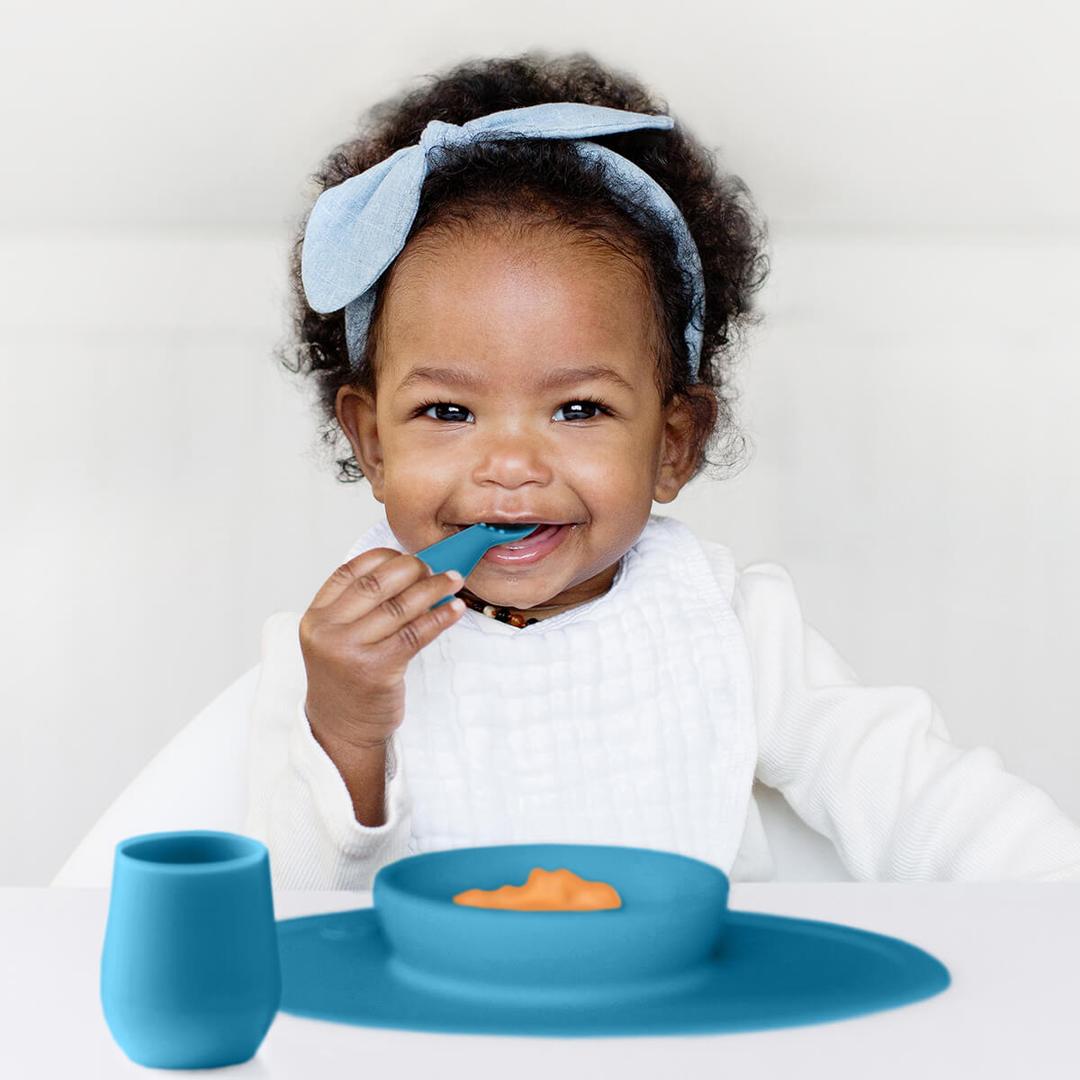 EZPZ First Foods Set - Silicone Baby Feeding Set with Divided Plate & Spoon for Toddlers - Perfect for Baby-Led Weaning, Mess-Free Mealtime & Travel