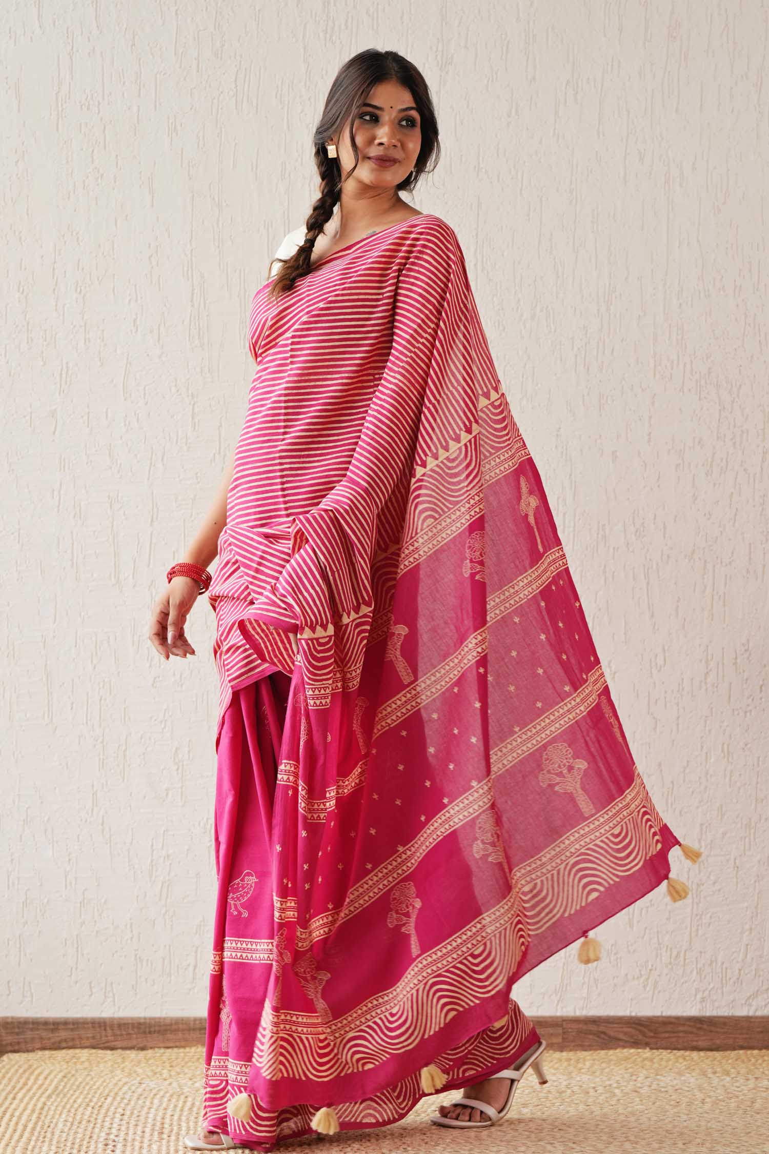 Gilded Folklore Hand Block Printed Mulmul Cotton Saree | Traditional Indian Saree for Women | Perfect for Weddings, Festivals & Cultural Events
