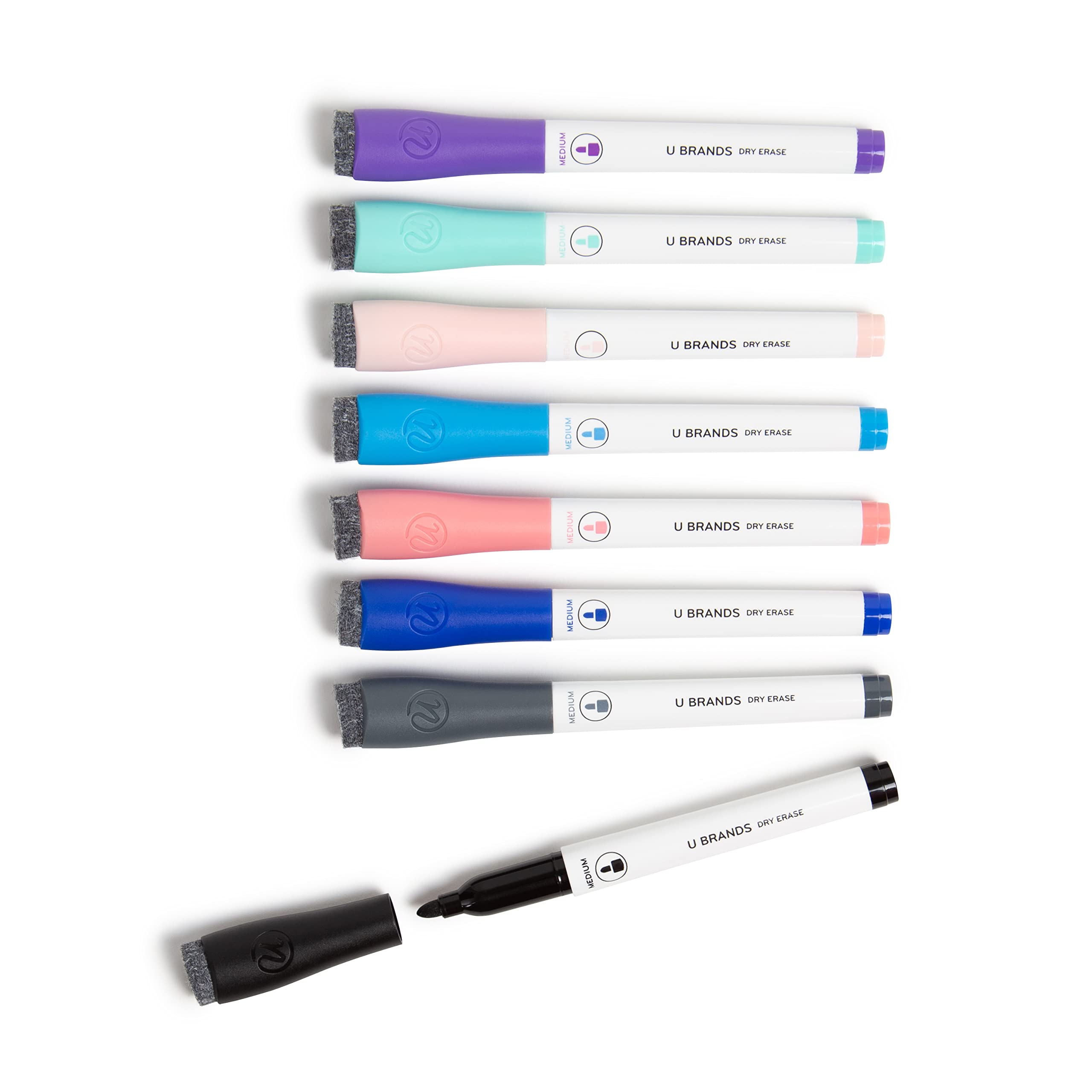U Brands Fine Tip Dry Erase Markers with Eraser - 8 Pack Pastel Colored Whiteboard Markers | Low Odor, Non-Toxic | Perfect for Office Meetings, Classroom Teaching & Home Organization