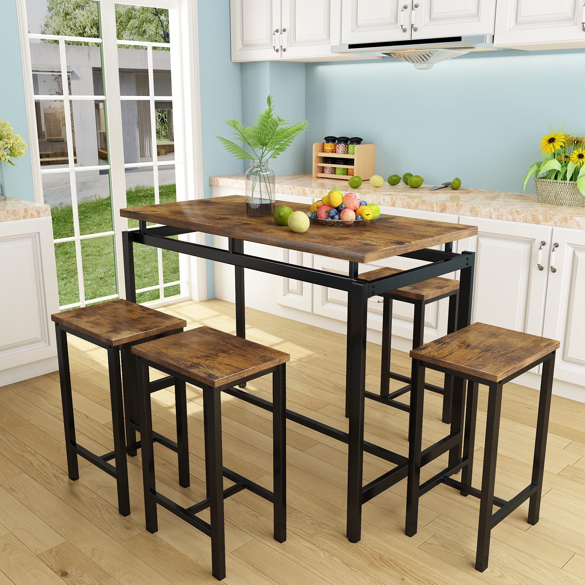 5-Piece Modern Bar Table Set with 4 Stools - Kitchen Breakfast Nook & Pub Dining Furniture - Easy Assembly for Home, Living Room & Small Spaces