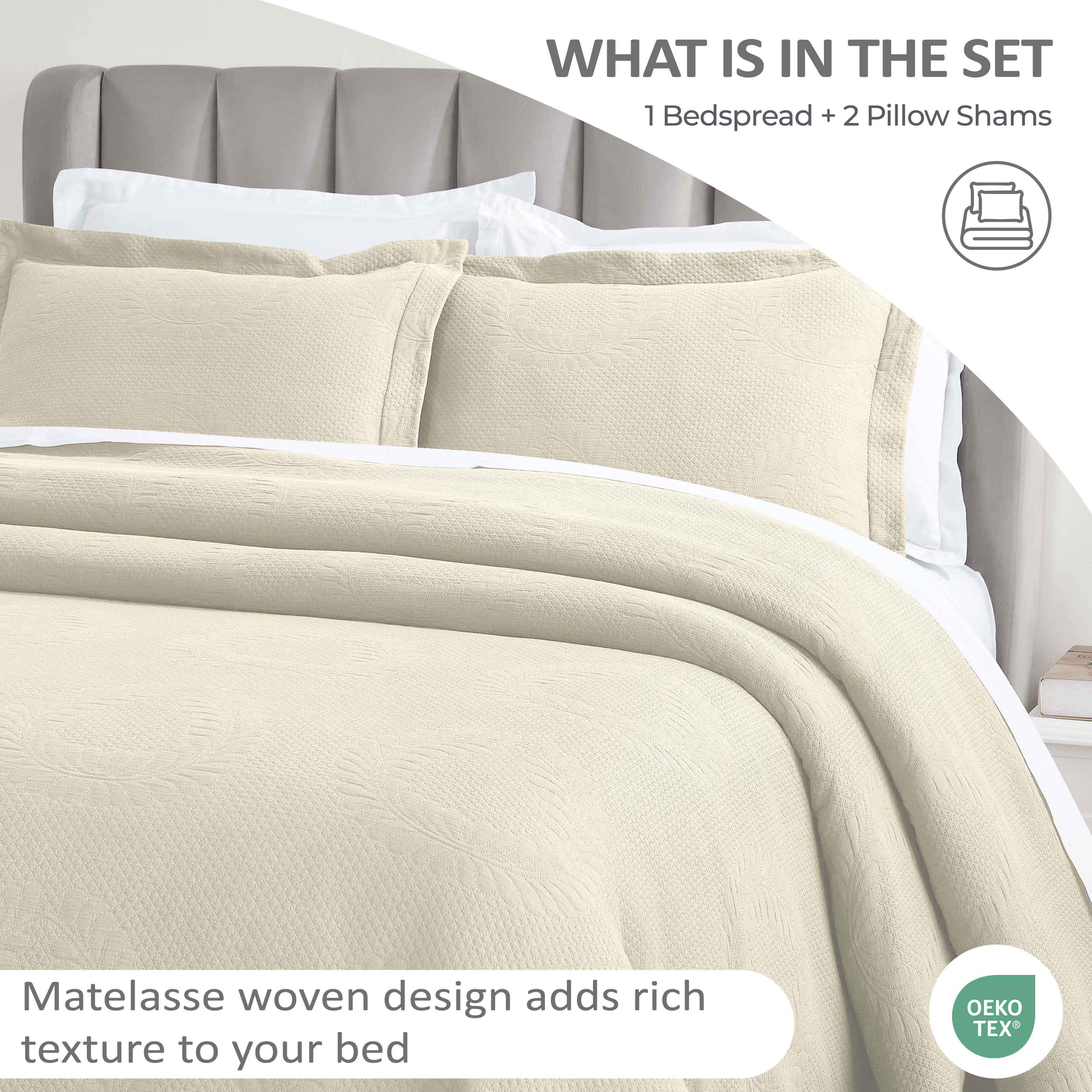 Peploi Cotton Medium Weight Matelasse Bedspread and Sham Set - Queen Size, White Textured Bed Cover with Matching Shams - Perfect for Master Bedroom, Guest Room & Hotel Decor