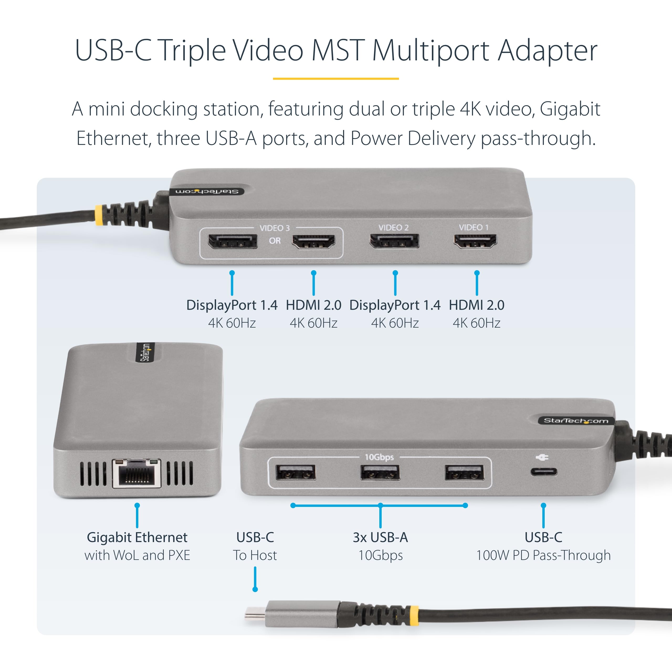 StarTech.com USB-C Triple Monitor Docking Station - 4K HDMI & DisplayPort Adapter with 3-Port USB 3.1 Hub, 100W Power Delivery, Gigabit Ethernet - Portable Travel Dock for Laptops (Windows/ChromeOS) - Perfect for Home Office, Remote Work & Business Travel