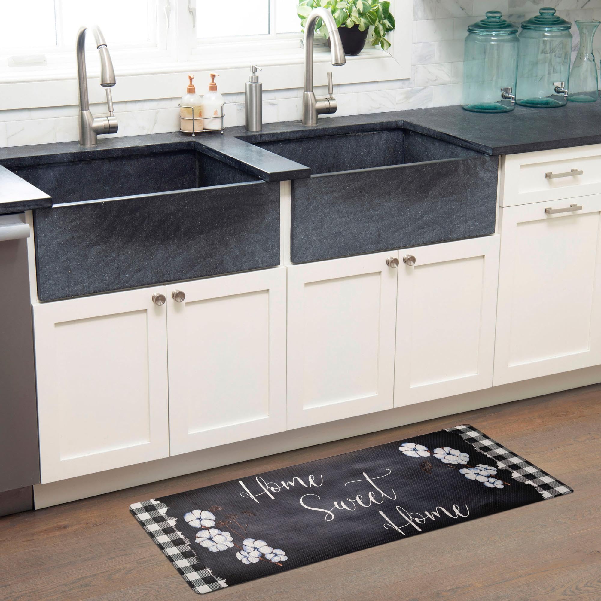 Home Dynamix Cozy Living Anti-Fatigue Kitchen Mat - Non-Slip Buffalo Check Border Runner for Standing Desk - Black/White 17.5