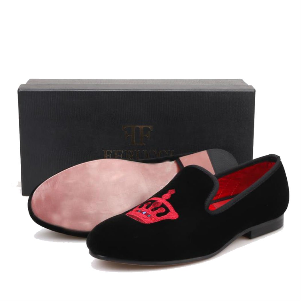 FERUCCI Handmade Men's Black Velvet Loafers with Burgundy Crown - Luxury House Slippers for Men - Perfect for Home, Office & Special Occasions