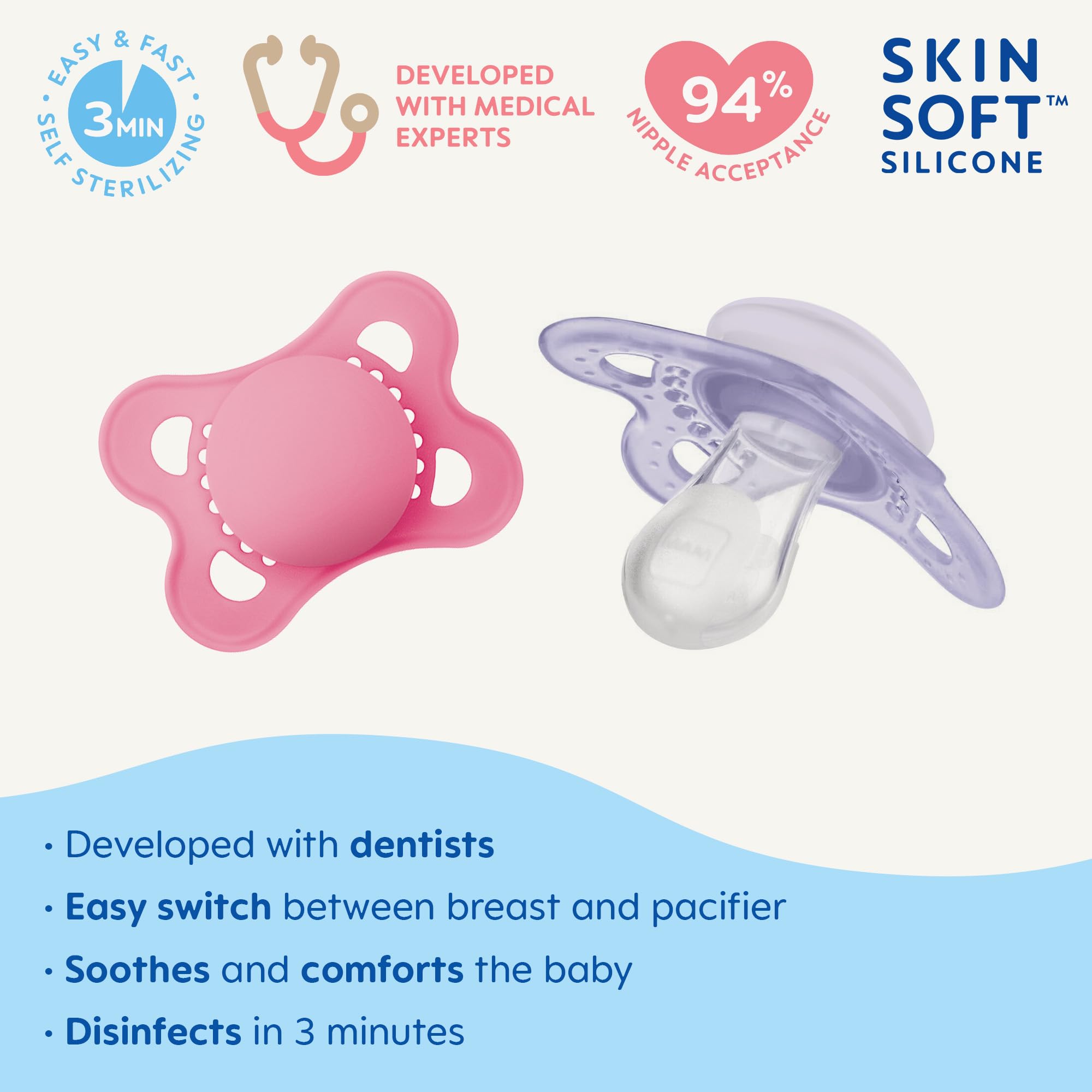 MAM Original Matte Baby Pacifiers for Girls 0-6 Months - BPA-Free Silicone, Easy to Clean Newborn Soothers (2-Pack with Sterilizer Case) - Perfect for Sleep, Travel & Daily Comfort | Pediatrician Recommended