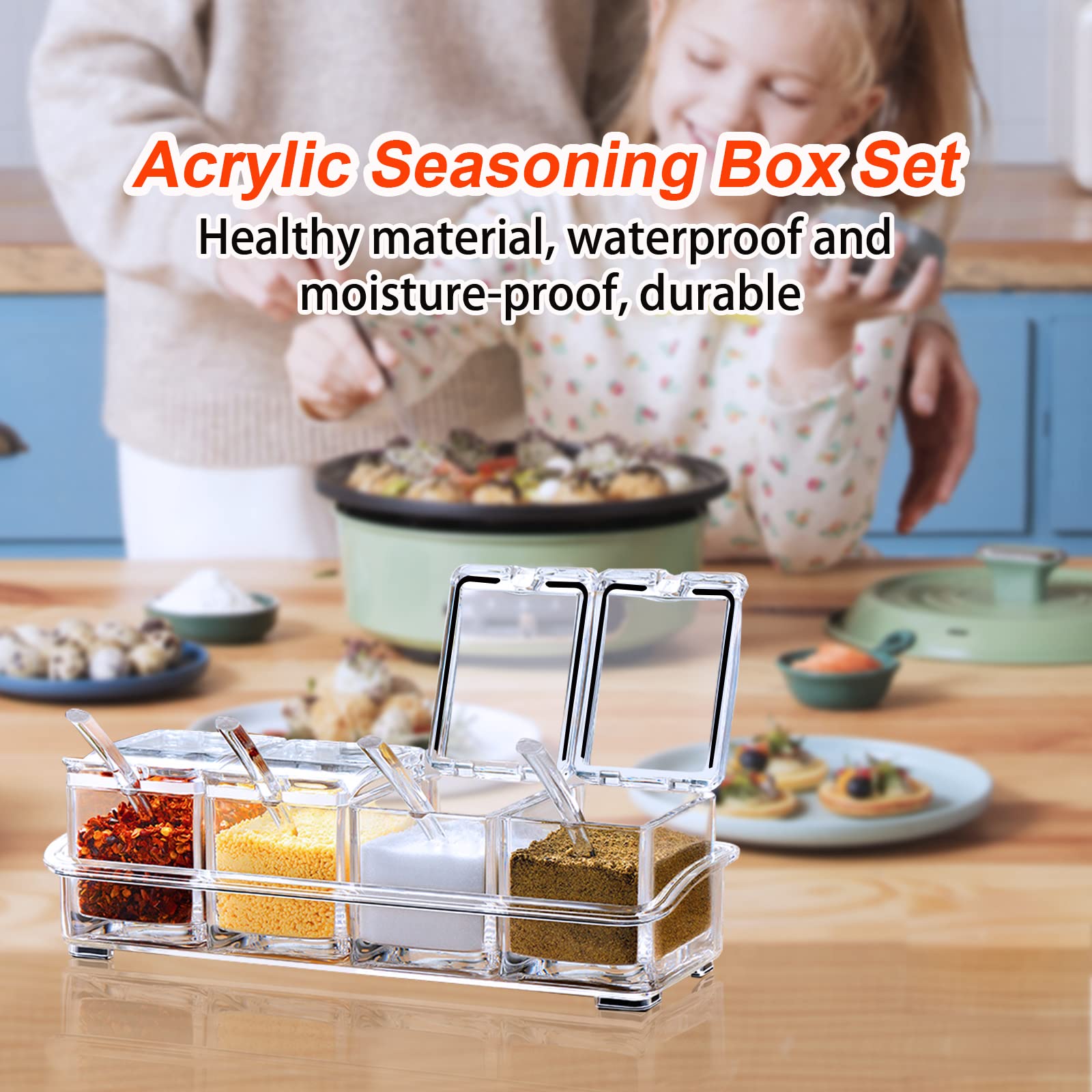 ZGWJ 4-Piece Clear Acrylic Kitchen Spice Jars with Lids & Spoons - Airtight Seasoning Storage Containers for Salt, Sugar, Spices - Perfect for Pantry Organization & Cooking Essentials
