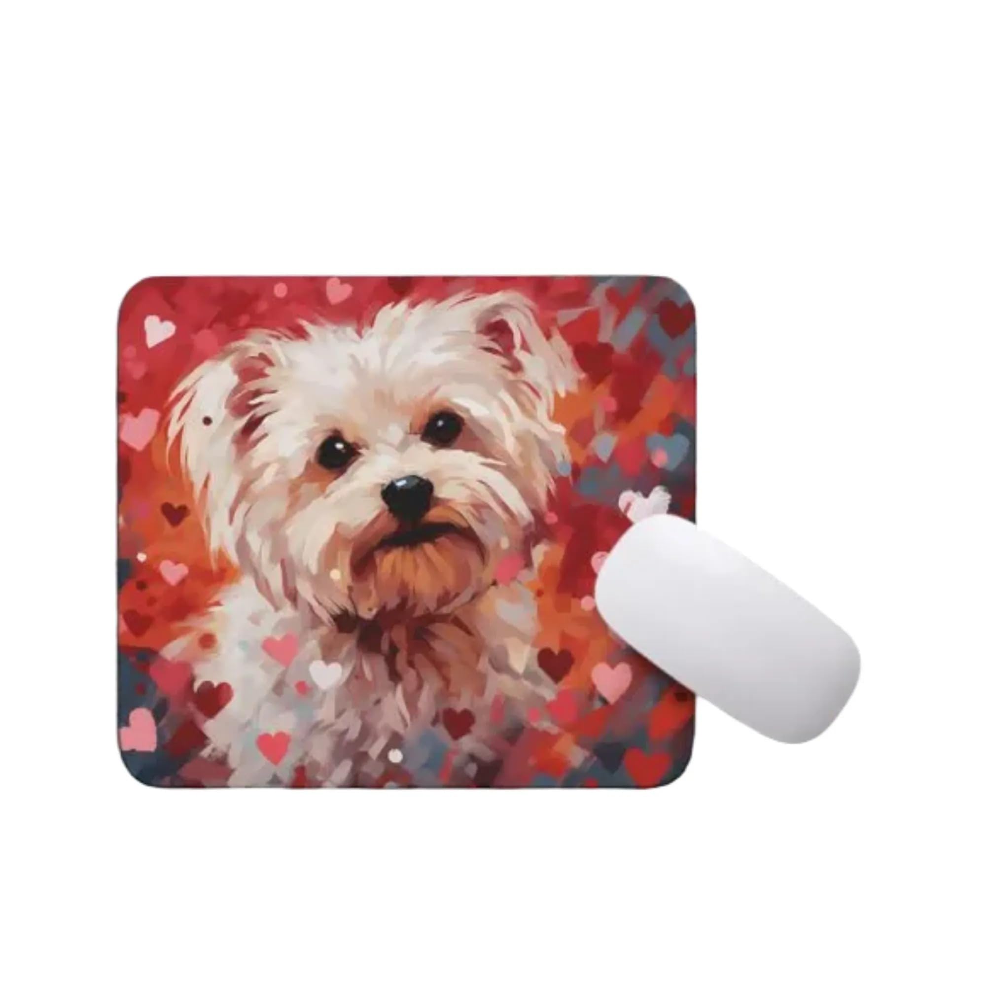 Non-Slip Rubber Mouse Pad with Maltese Dog & Red Hearts Pattern - Cute Puppy in Love Design for Home, Office, Work Desk, Computer & Laptop - Perfect Gift for Dog Lovers (Ideal for Gaming, Work & Study)