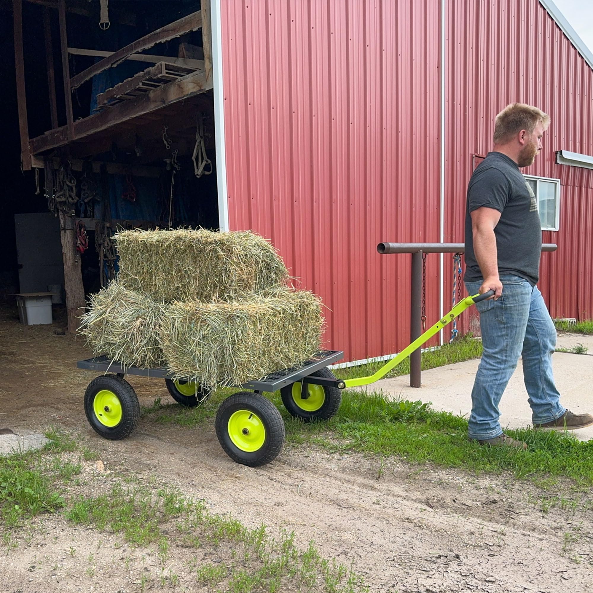 Yard Tuff Jumbo Wagon - Heavy Duty Steel Mesh Deck Utility Cart for Outdoor & Yard Work - 1400 lb Capacity with Large Stable Tires (34 x 52 Inch, Gray/Green) - Perfect for Gardening, Landscaping, Farm & Construction Use
