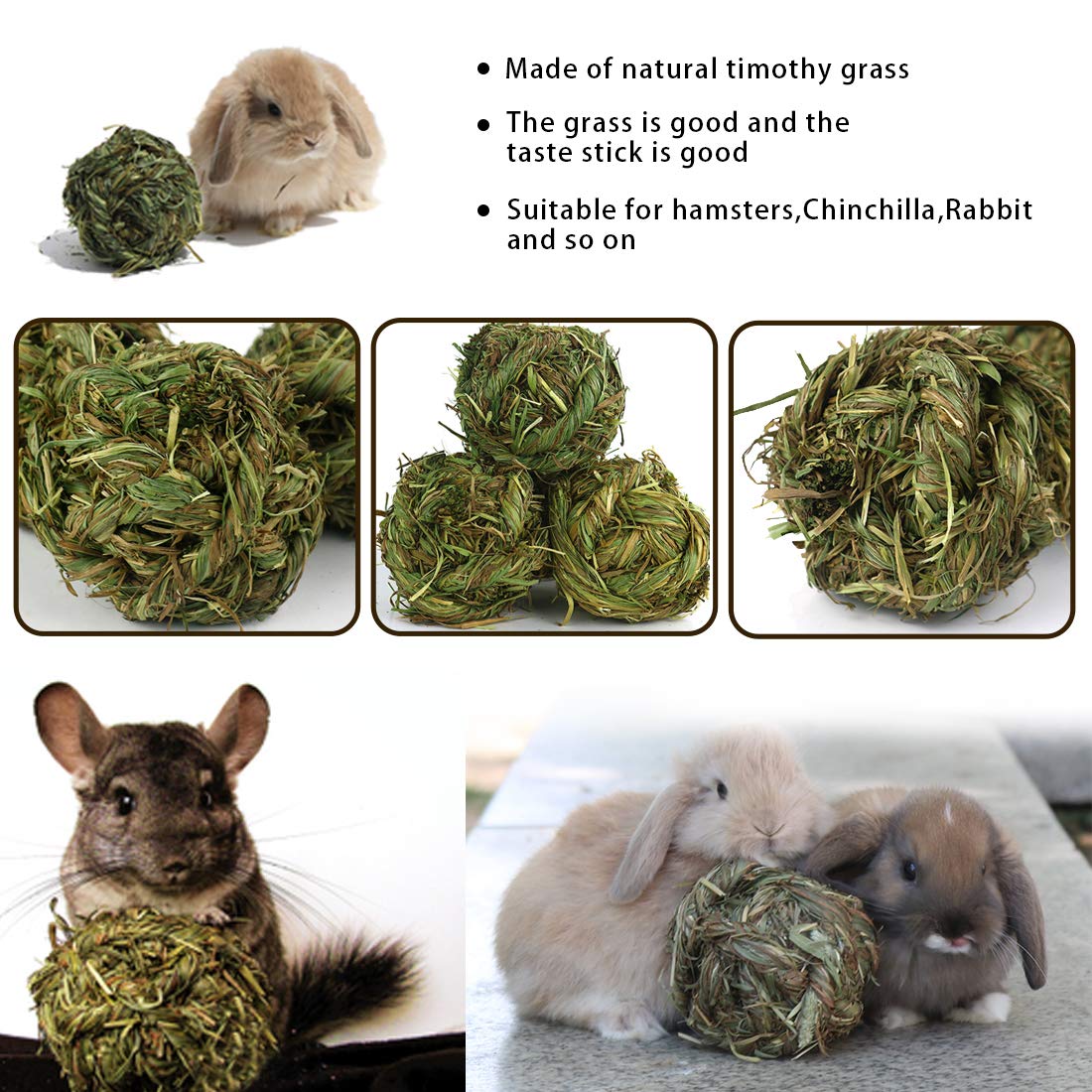 6 Pack Natural Timothy Woven Grass Chew Balls for Rabbits, Hamsters, Chinchillas, Gerbils & Guinea Pigs - Small Animal Teeth Grinding & Play Activity Toys - Perfect for Cage Enrichment & Stress Relief