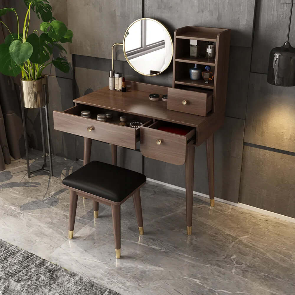 Ultic 2-Piece Minimalist Makeup Vanity Set with Mirror & Stool - Walnut Finish | Perfect for Bedroom, Dressing Room & Small Space Organization