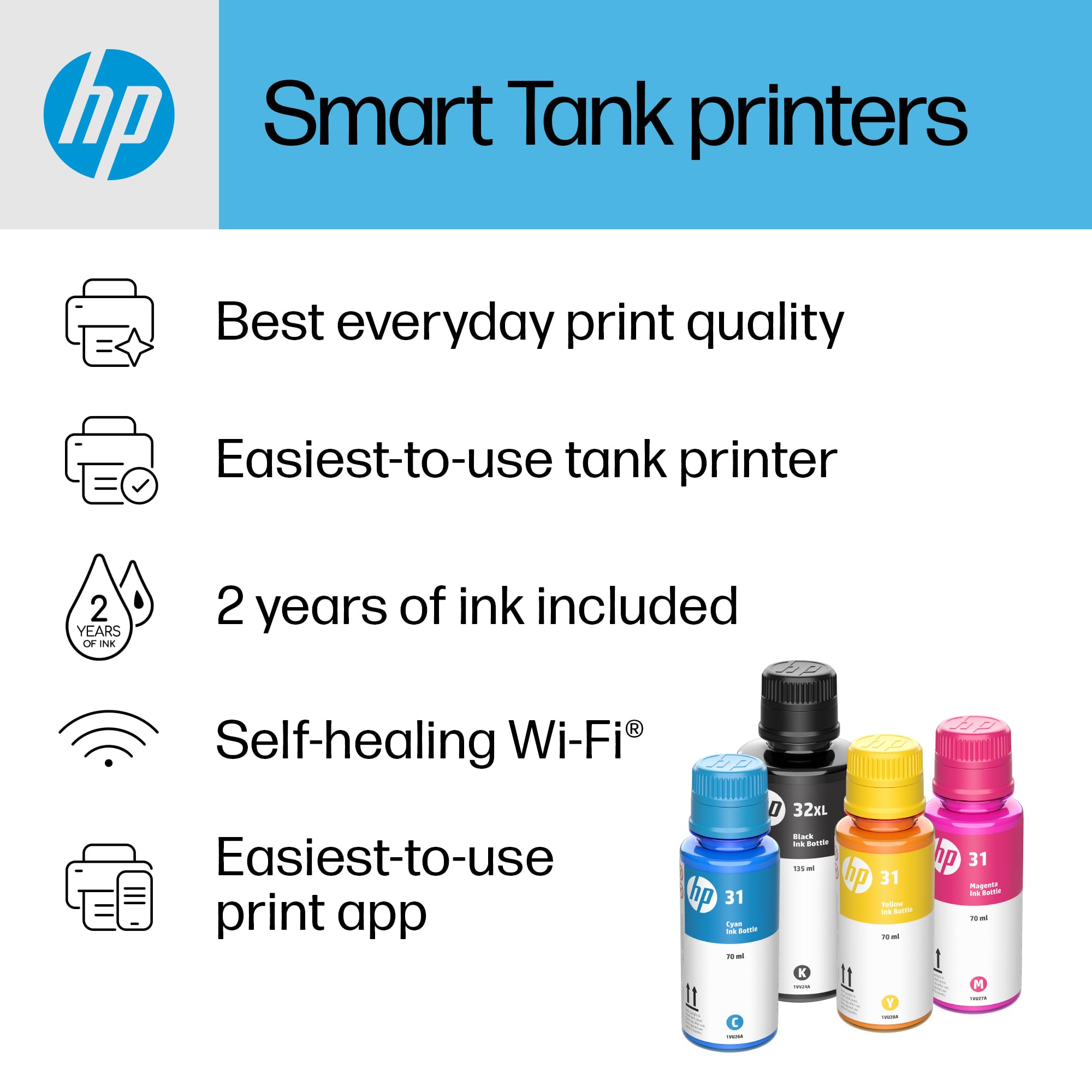 HP Smart-Tank Plus 651 Wireless All-in-One Ink-Tank Printer with 2 Years of Ink Supply - Auto Document Feeder, Mobile Printing, Scanning, Copying - Alexa Compatible (7XV38A) - Perfect for Home Office, Small Business & Remote Work
