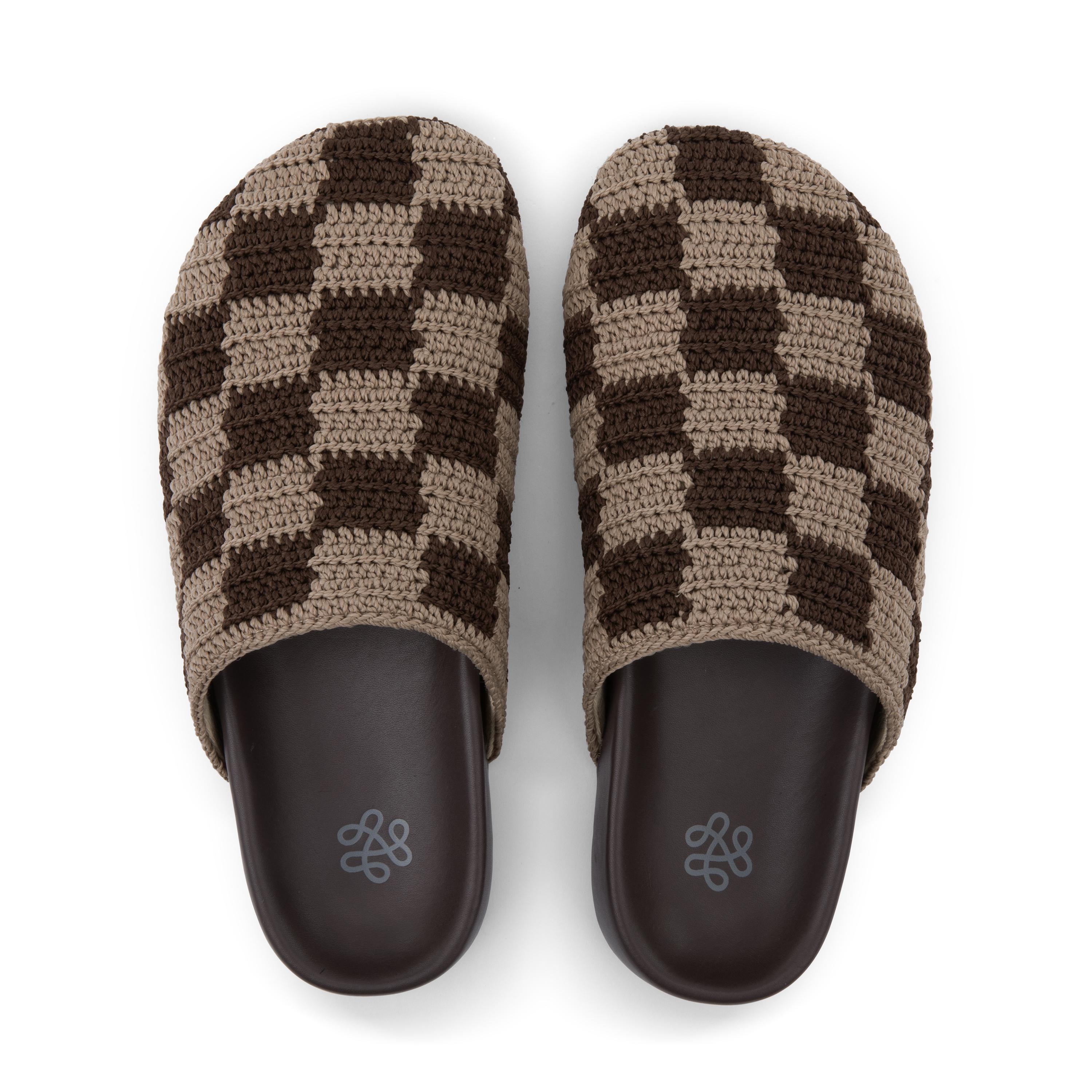 Bolinas Hand Crochet Clog Shoes - Brown Checkered Design - Comfortable & Stylish for Home, Garden, and Casual Wear