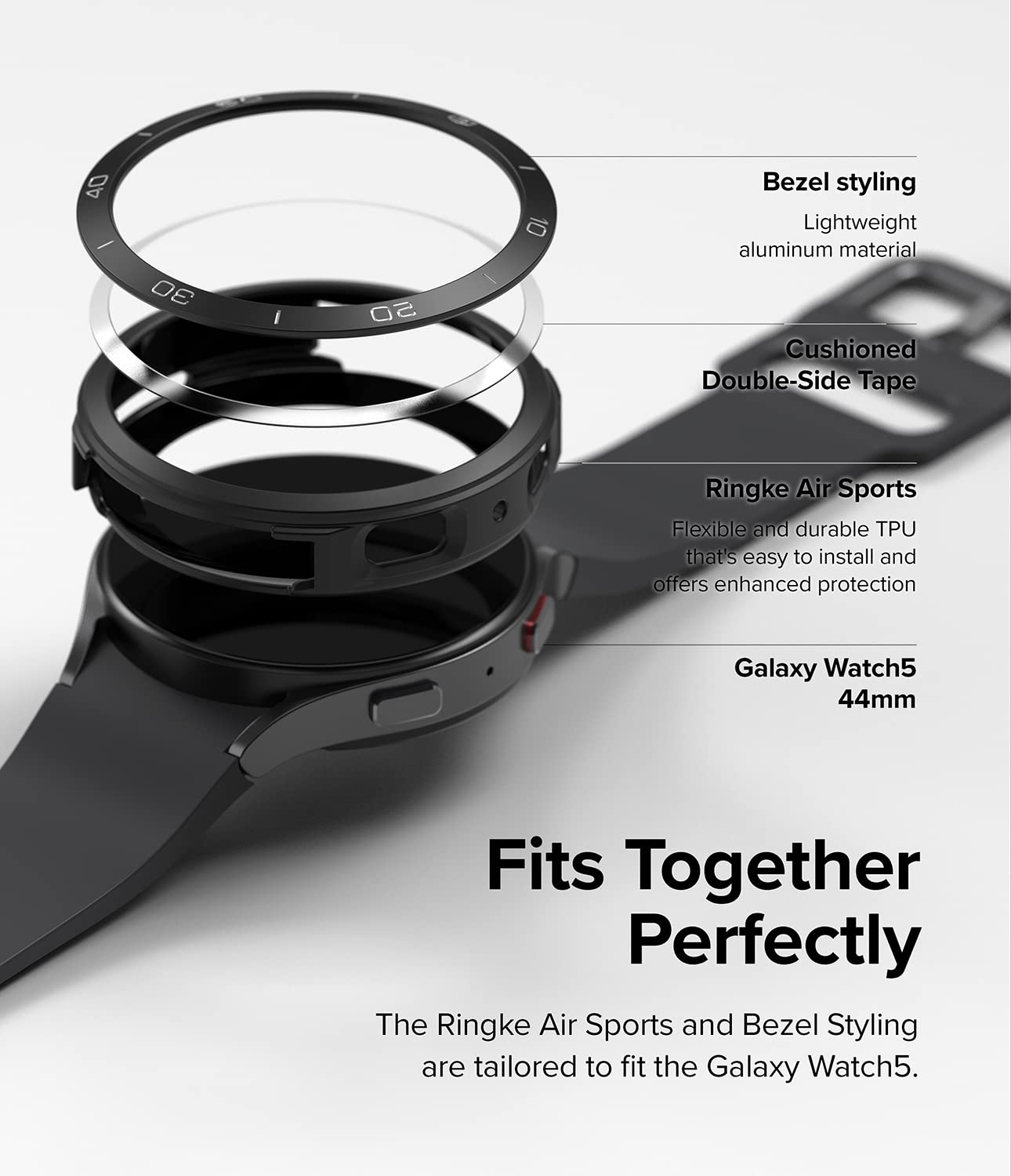 Ringke Air Sports + Bezel Styling Case for Samsung Galaxy Watch 5 44mm - Shockproof TPU Cover with Aluminum Frame | Stylish Protection for Active Lifestyles | Gym, Running & Outdoor Sports Accessory (Black)