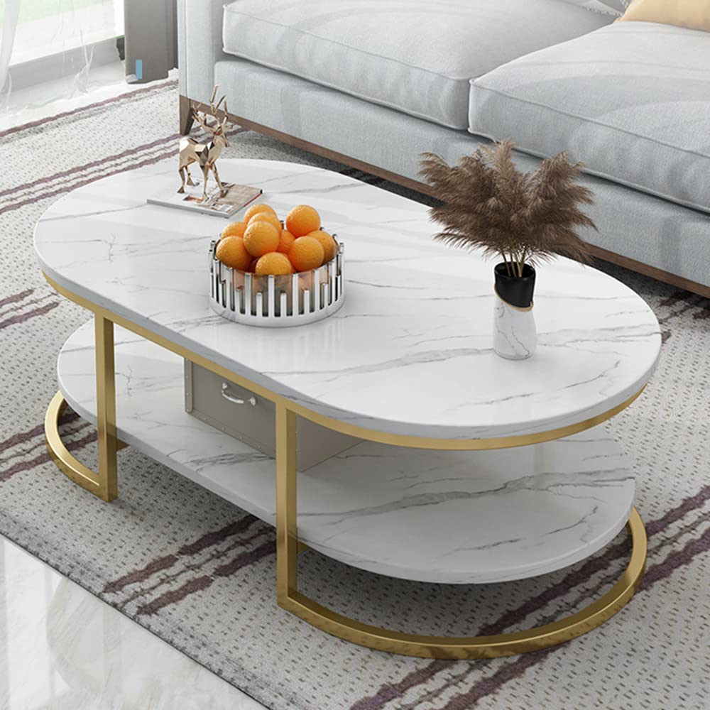 Modern Oval Faux Marble Coffee Table with Gold Metal Frame - Living Room Center Table with Storage Shelf - Cocktail Table for Small Spaces - 18
