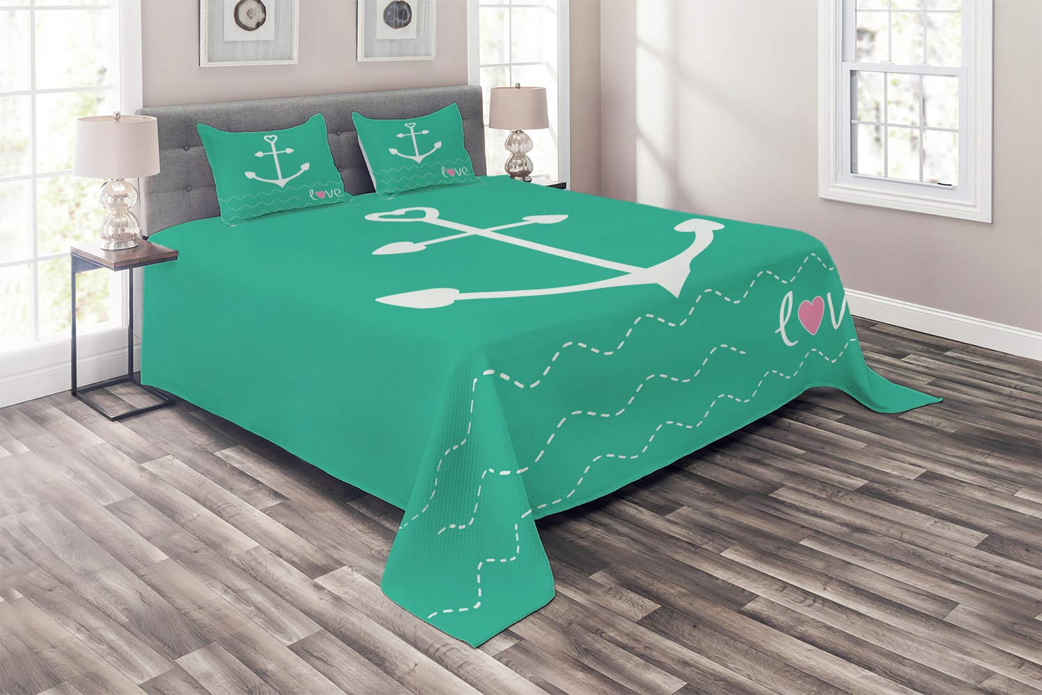 Ambesonne Anchor Coverlet Set - 3 Piece Quilted Bedspread with 2 Pillow Shams, King Size, Green Pink White Sailor Theme with Heart Anchors & Wavy Lines | Nautical Bedroom Decor for Coastal, Marine & Romantic Home Styling
