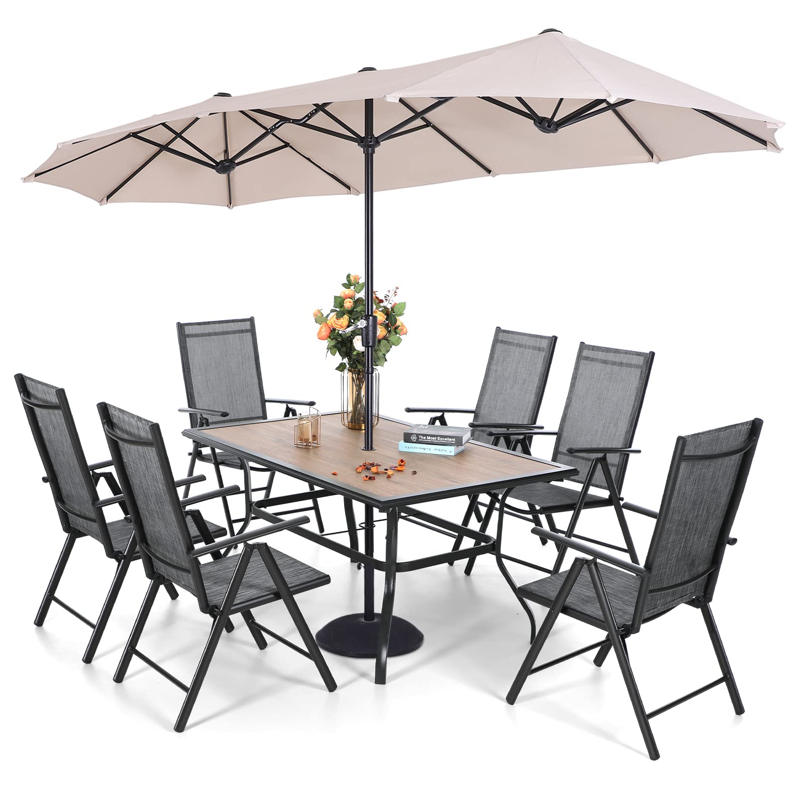 7-Piece Patio Furniture Set with 13ft Beige Double-Sided Umbrella - Outdoor Dining Chairs & Metal PVC Table - Adjustable Sling Chairs for Backyard, Porch & Garden - Grey Weather-Resistant Set for Relaxing & Entertaining