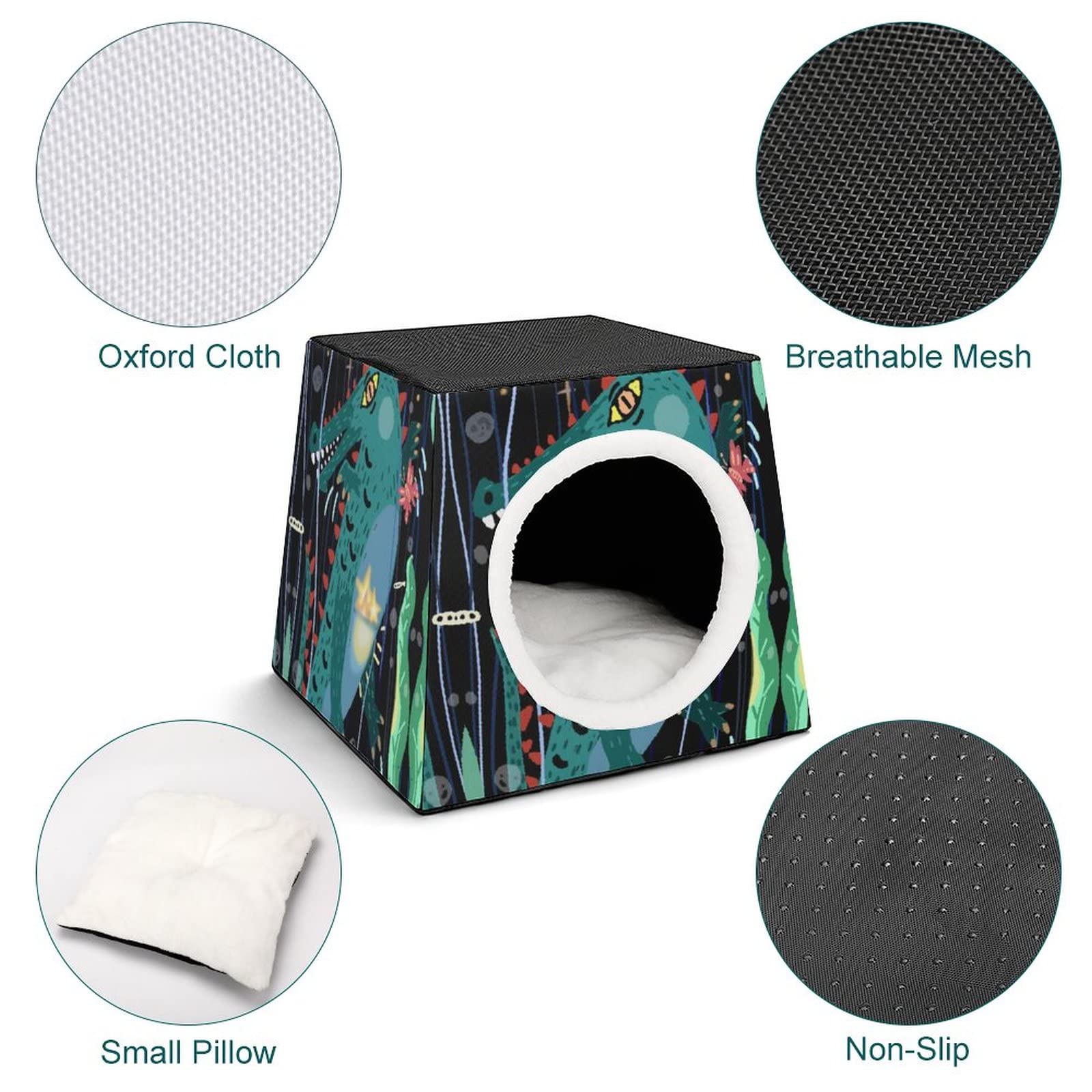 Printed Cat Houses & Condos - Foldable Cat Cube Bed with Removable Pillow in Crocodile Green | Cozy Pet Sofa for Indoor Cats, Perfect for Napping & Play
