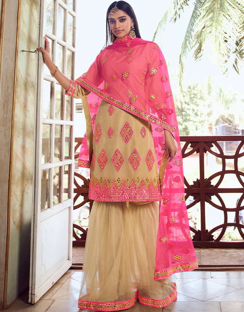 Elegant Beige Organza Sharara Suit for Women - Perfect for Weddings, Parties & Festive Occasions
