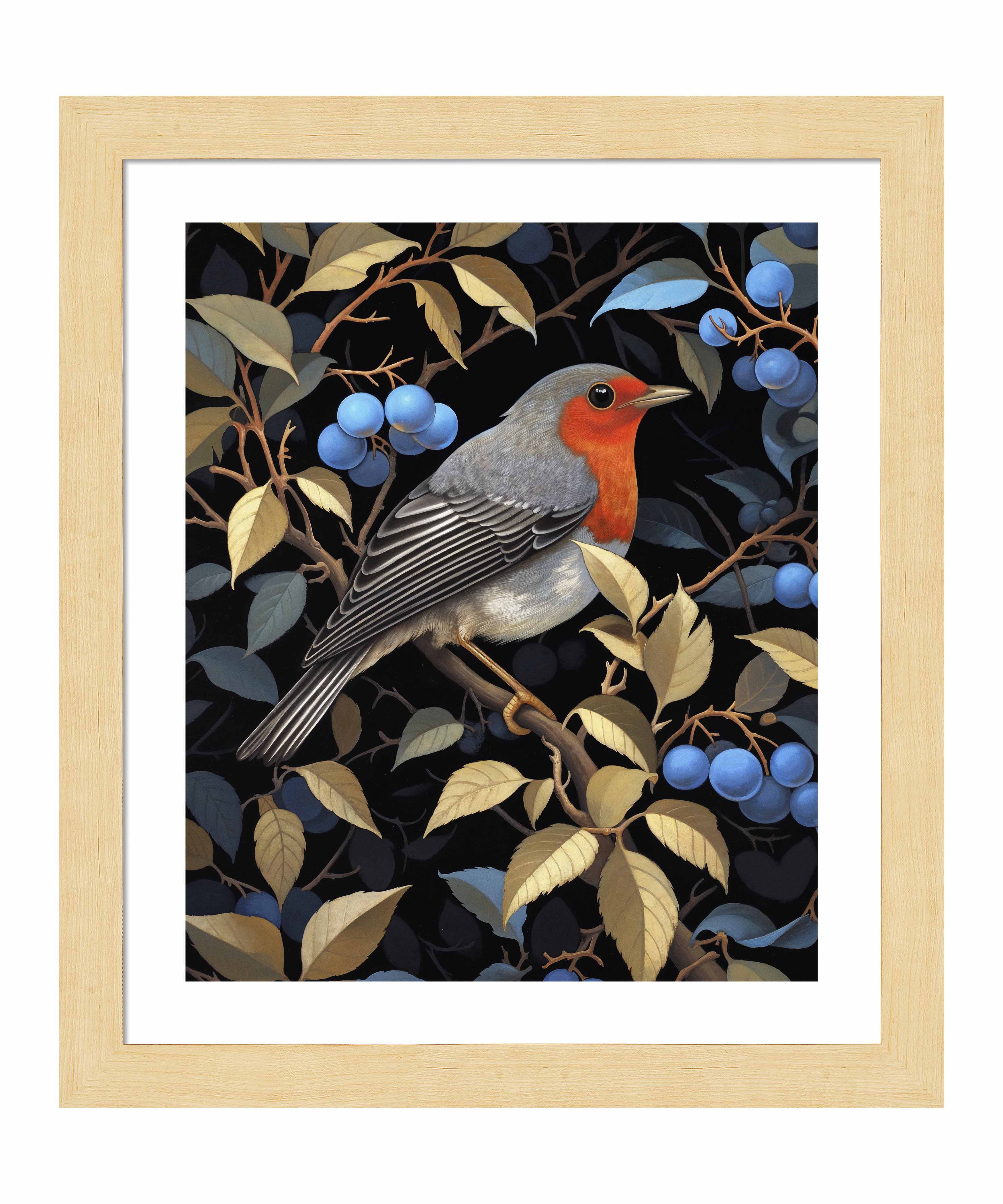 Crimson Song Robin Among Blueberries Wall Art Print - Beautiful Bird Painting for Home Decor, Living Room, Bedroom & Office