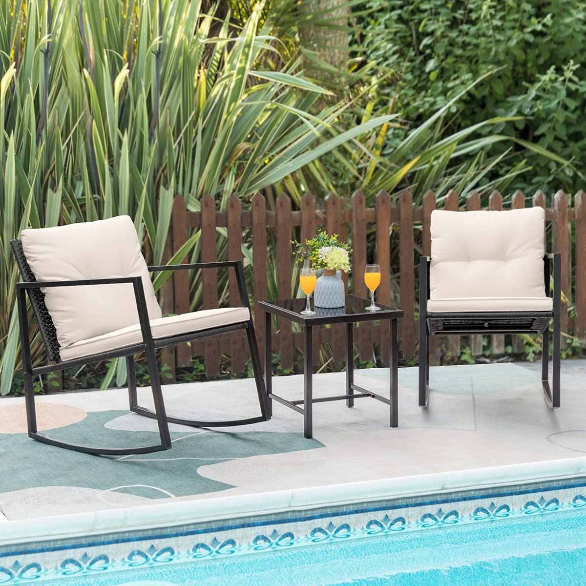 Greesum 3-Piece Wicker Patio Furniture Set - Outdoor Rocking Bistro Chairs with Glass Coffee Table, Beige - Perfect for Porch, Garden, and Backyard Relaxation