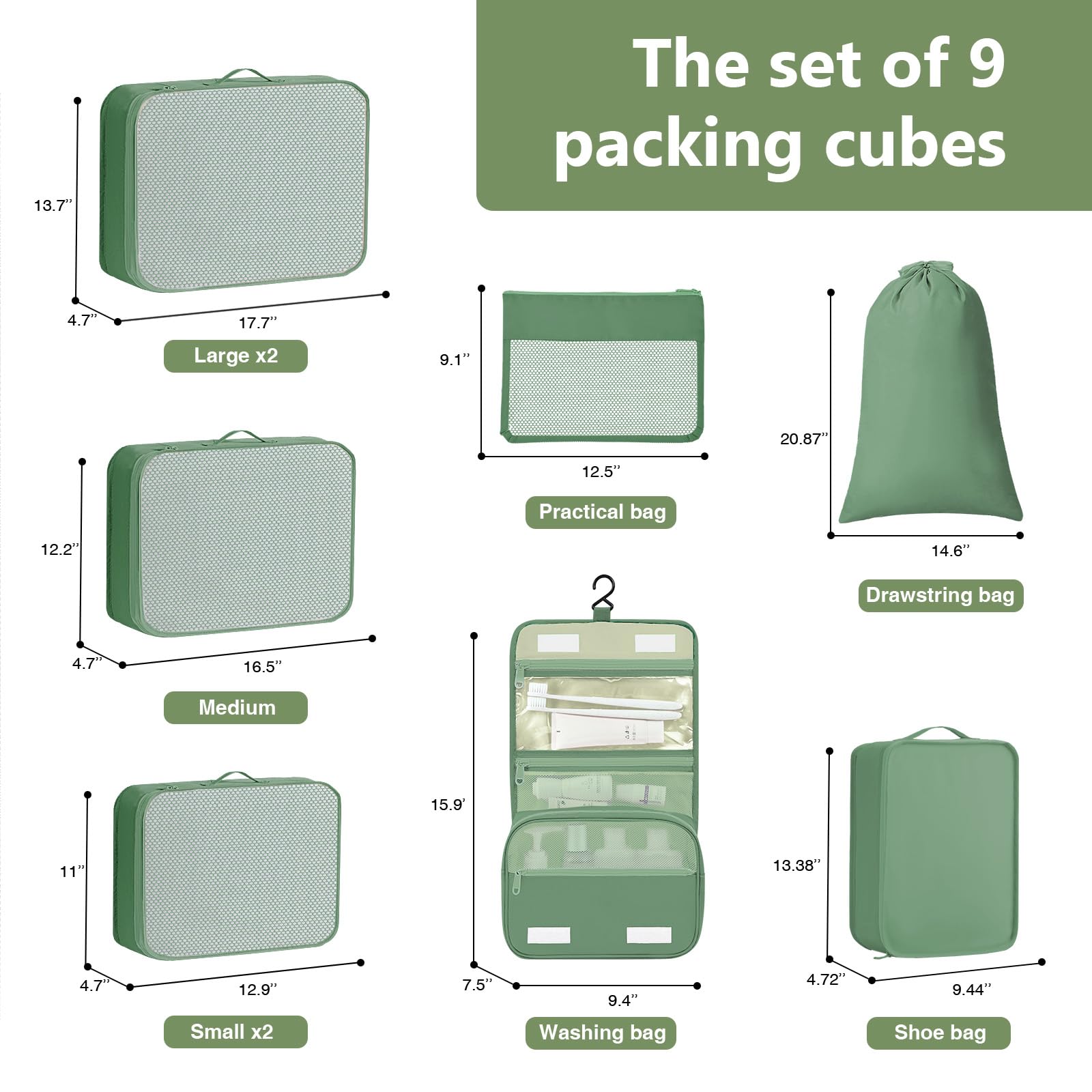 9-Piece Travel Packing Cubes Set - Large Suitcase Organizer with Laundry Bag, Shoe Bag & Toiletry Bag (Matcha Green) | Perfect for Business Trips, Vacations & Weekend Getaways