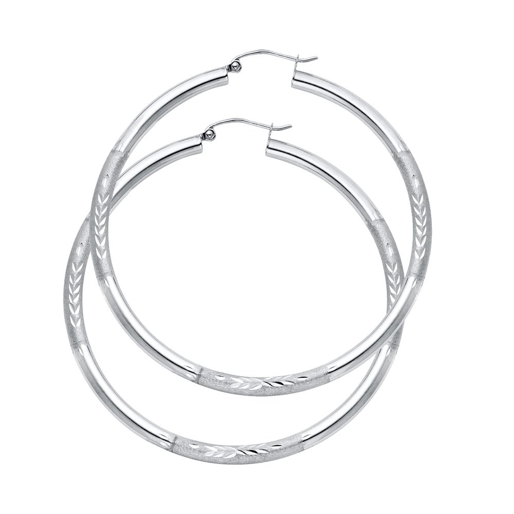 14K White Gold 3mm Diamond Cut Hoop Earrings for Women - 48mm Round Hoops - Perfect for Weddings, Parties & Everyday Elegance