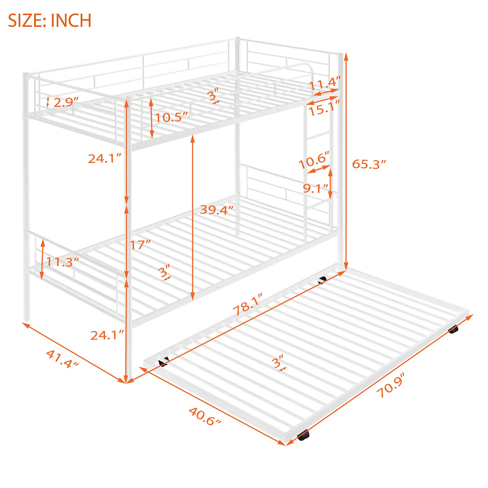 P PURLOVE Twin Over Twin Metal Bunk Bed with Trundle & Ladder - Convertible to 2 Separate Beds, Space-Saving Design, No Box Spring Required, White - Perfect for Kids' Bedrooms, Guest Rooms & Small Spaces
