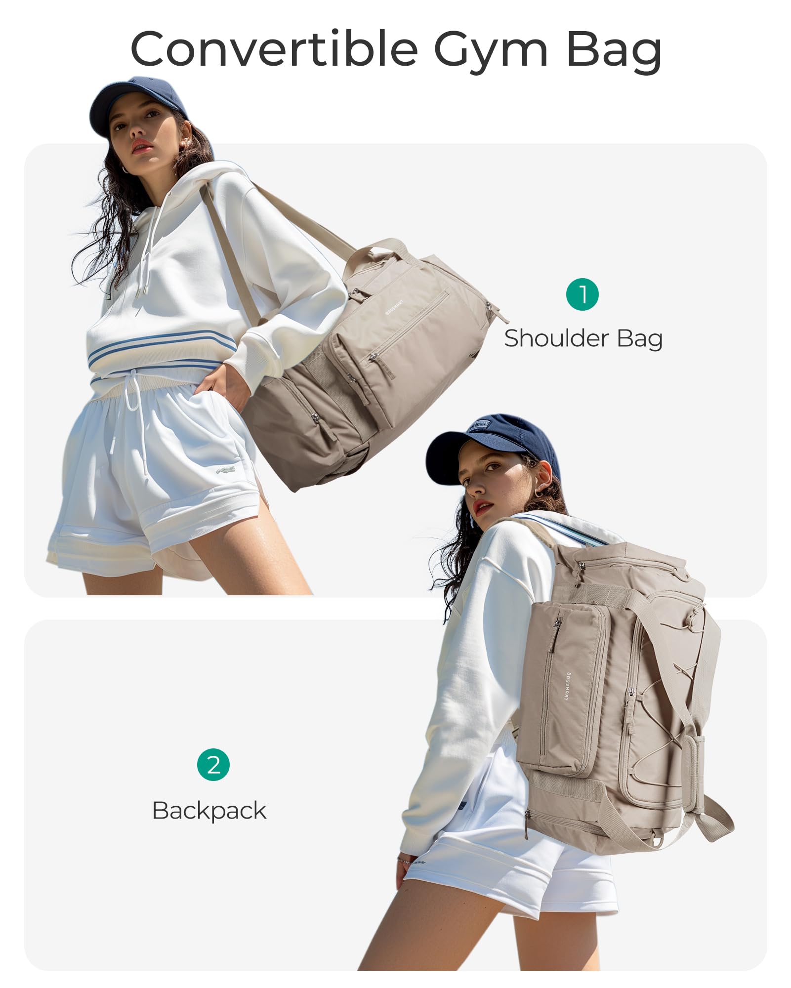 BAGSMART 4-in-1 Gym Bag for Women - Lightweight TSA Approved Duffle Bag with Shoe Compartment & Wet Pocket - 30L Water Resistant Carry On Weekender Bag & Backpack in Camel Color - Perfect for Gym, Travel, Workout & Weekend Getaways