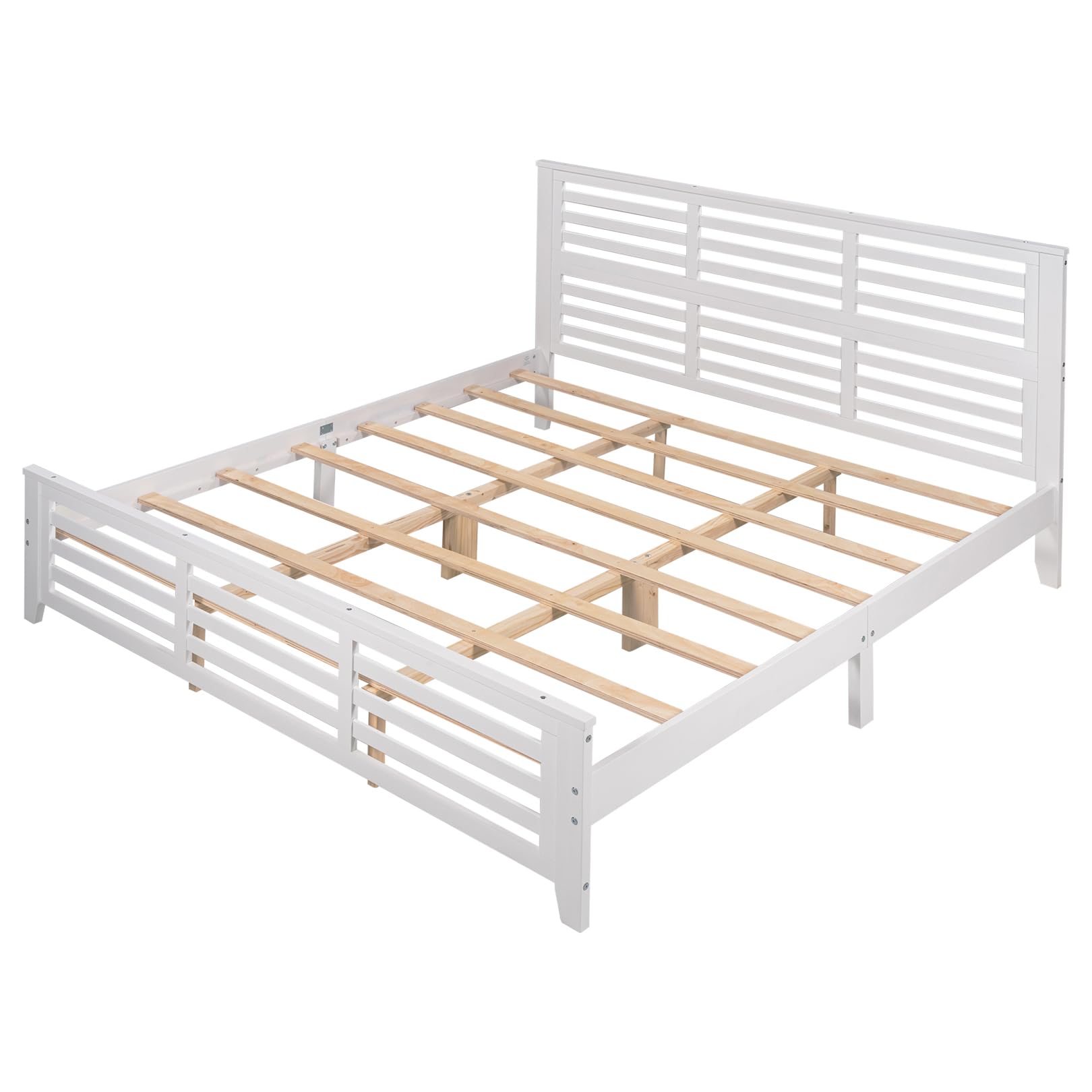 King Size Wooden Platform Bed Frame with Horizontal Strip Hollow Headboard - Solid Wood Slat Support, Modern Country Style Bedroom Furniture for Boys & Girls - Easy Assembly (White) | Perfect for Master Bedrooms, Guest Rooms & Kids' Rooms