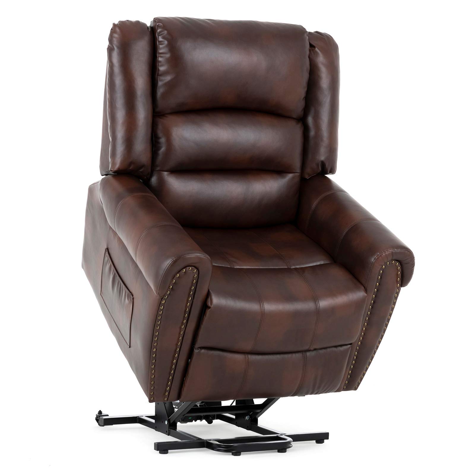 Electric Power Lift Recliner Chair with Massage & Heat - 2 Motor Lay Flat Sleeper Recliner for Elderly - 180° Reclining, Side Pockets & Dual Remote Controls - PU Leather Sofa (Red Brown) - Perfect for Living Room, Home Theater & Senior Comfort