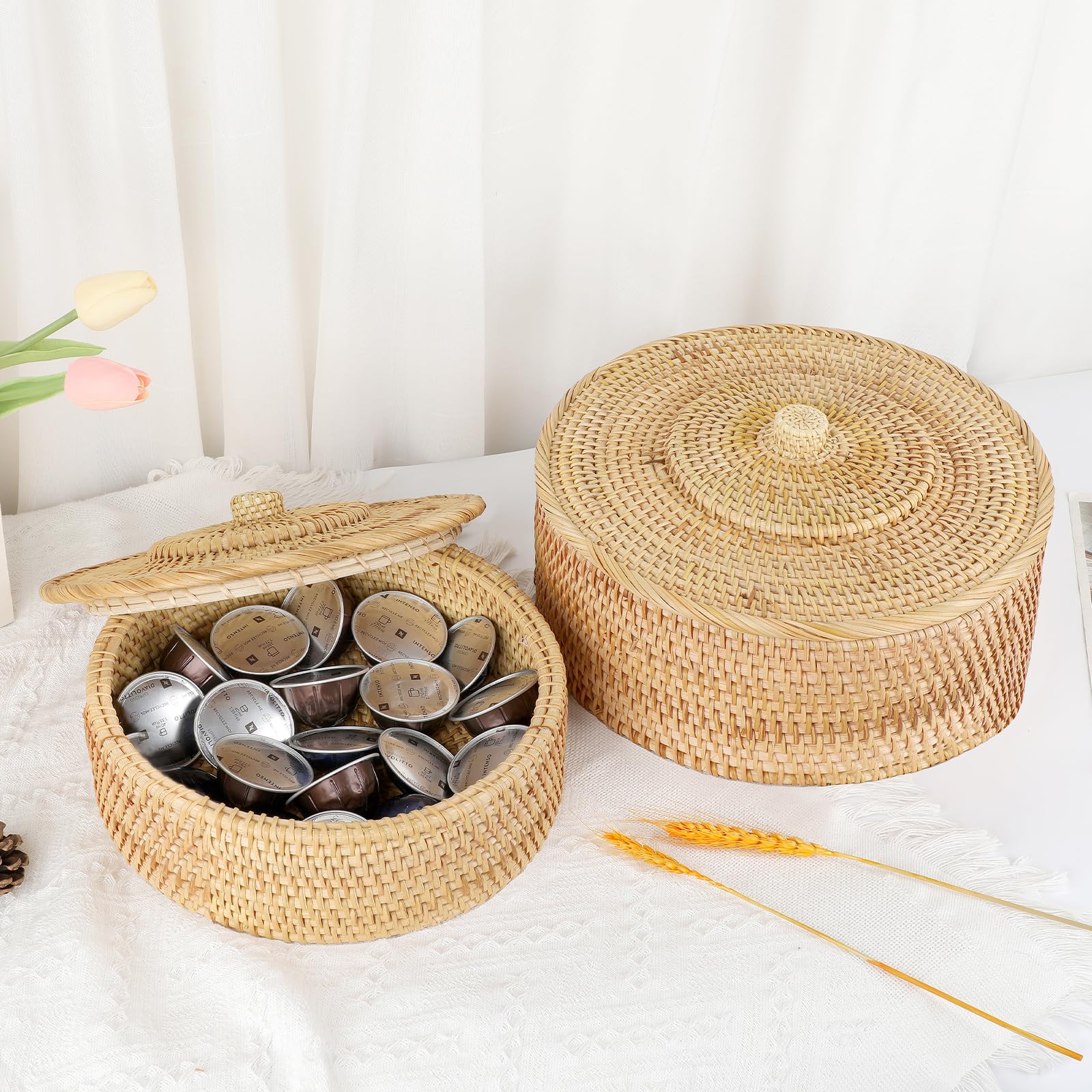 Round Rattan Basket with Lid - Small Wicker Storage for Home Decor