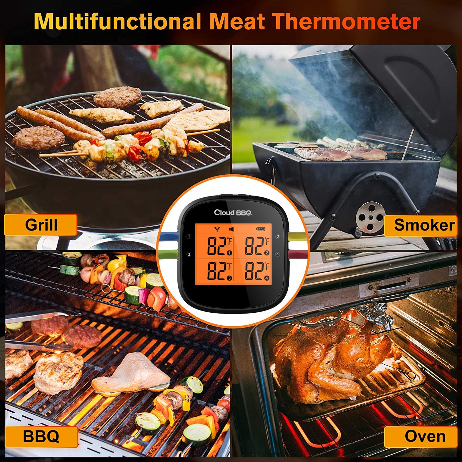 500FT Wireless Bluetooth Meat Thermometer with 4 Probes - Digital Kitchen Cooking Thermometer for Grilling, Smoking, Oven & BBQ - Perfect for Backyard Cookouts, Camping & Home Chefs (FS-52)