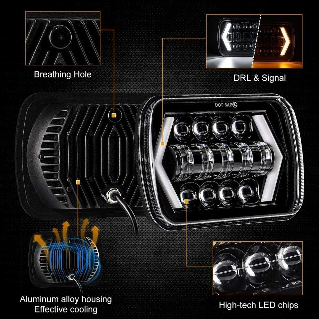 7x6 Inch LED Projector Headlights with H4 LED Brightness Booster Wiring Harness - Compatible with Jeep Wrangler YJ XJ MJ - Upgrade for Off-Road & Night Driving Visibility