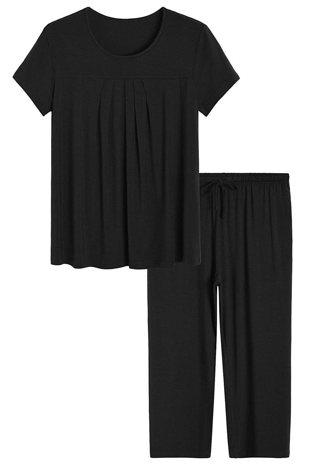 Soft & Breathable Women's Bamboo Pajama Set - Pleated Top & Capri Pants for Comfortable Sleep & Lounge Wear - Perfect for Nighttime Relaxation, Spa Days & Cozy Evenings at Home