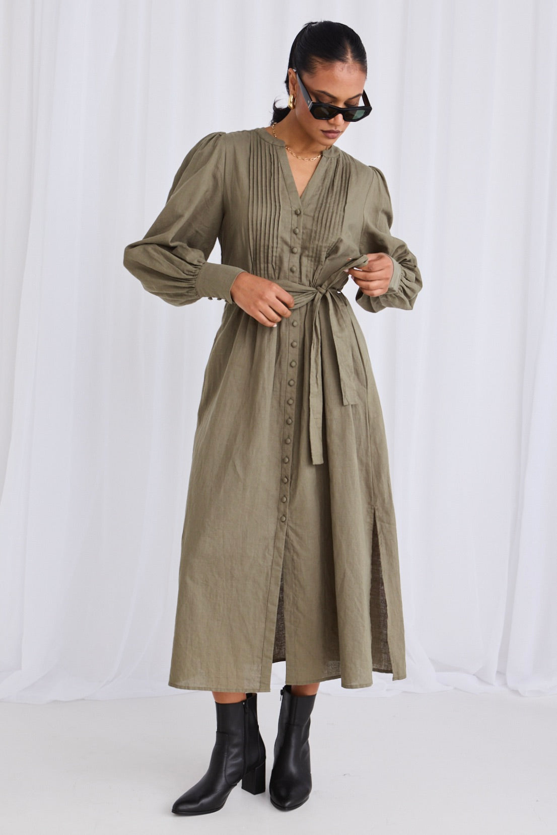 Guardian Soft Khaki Puff Sleeve Pintuck Midi Shirt Dress for Women | Casual Office Wear & Spring Summer Outfits | Comfortable Stretch Cotton Blend Dress