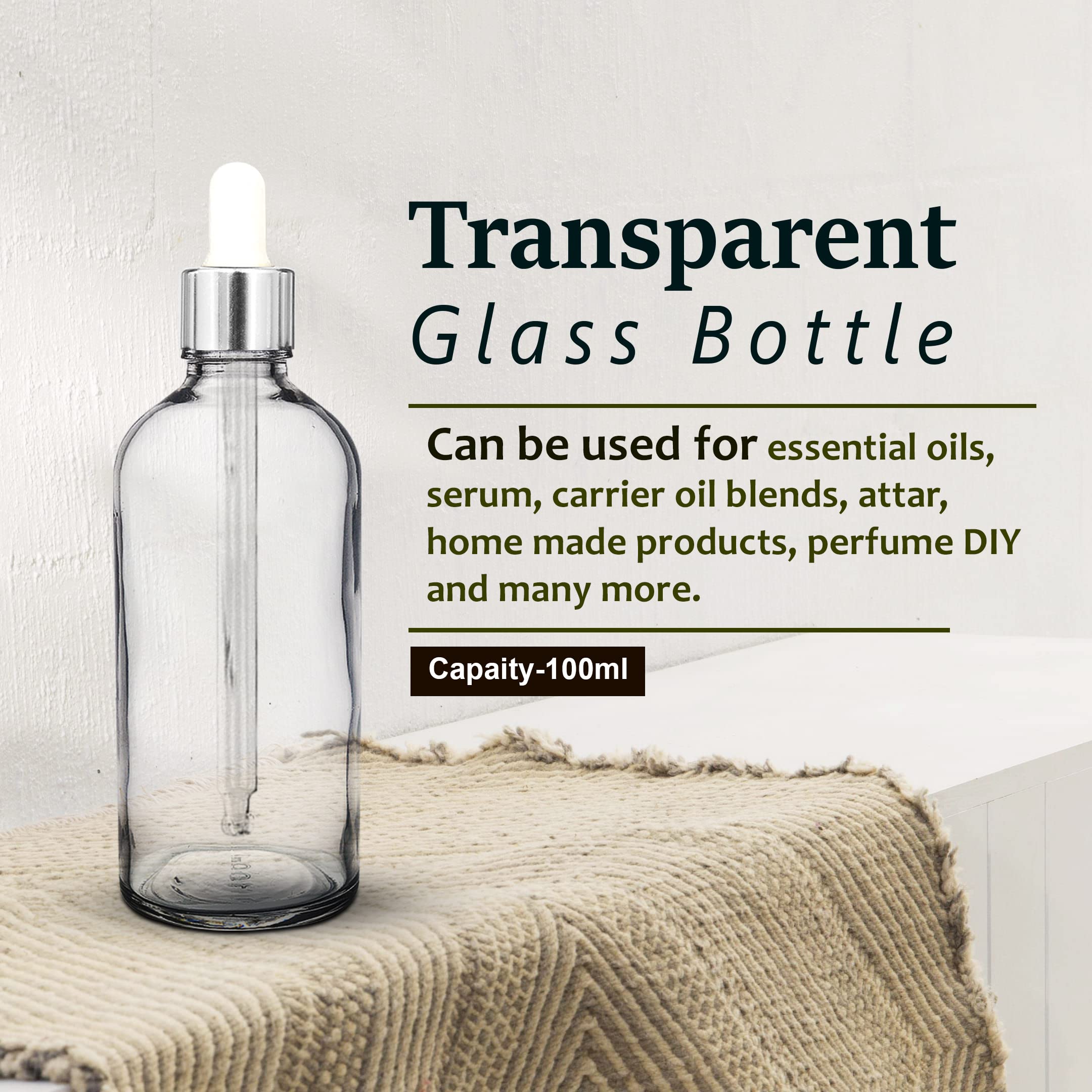 NSB Herbals 100ml Clear Round Empty Glass Bottle with Glass Dropper & Silver Ring - Refillable Essential Oil & Perfume Container (Pack of 1) | Perfect for DIY Aromatherapy, Travel Size Liquids & Homemade Beauty Products