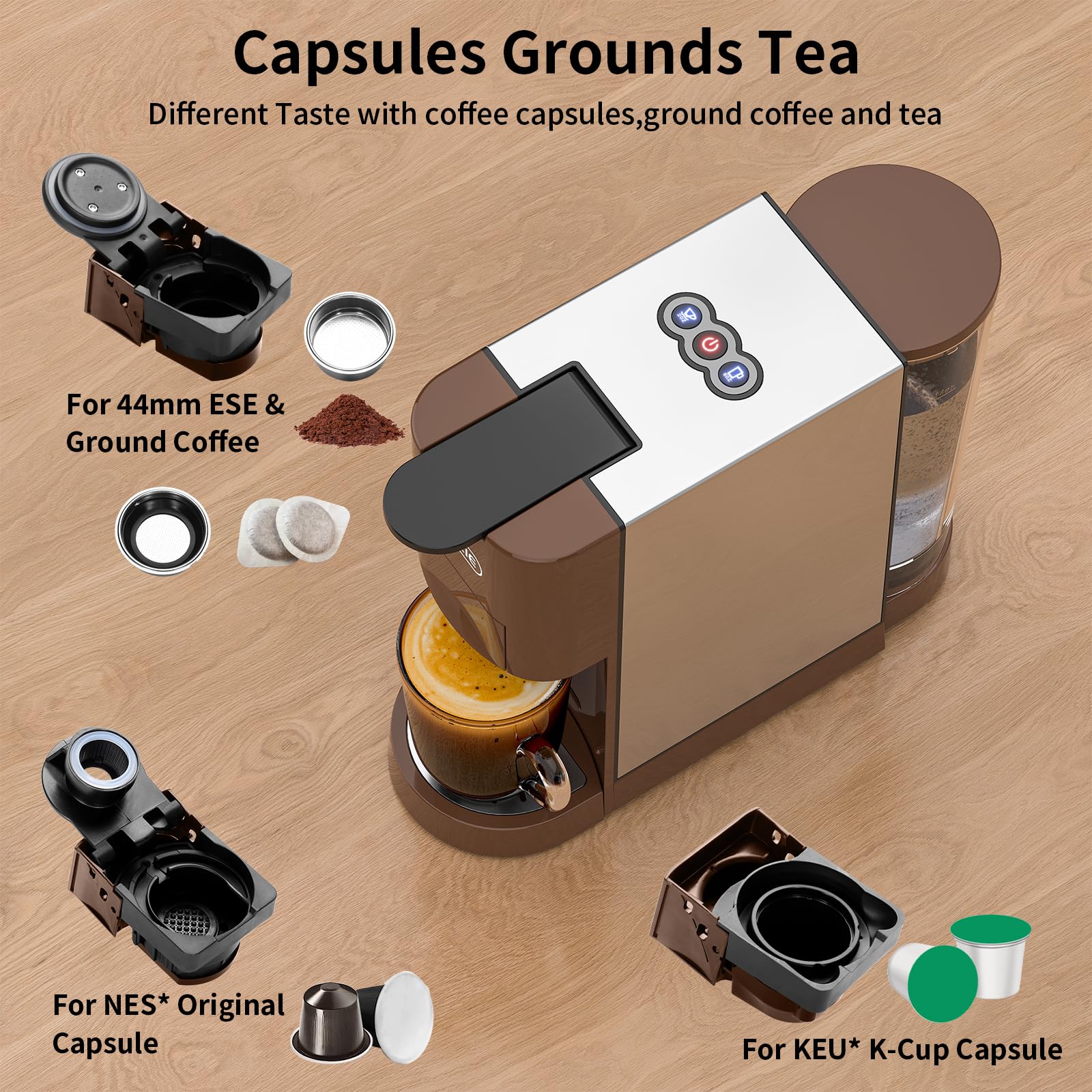 KOTLIE 4-in-1 Espresso Machine - Single Serve Coffee Maker for NES*Original/KEU* K-Cups, Ground Coffee & illy ESE Pods - 19 Bar Pressure, 1450W - Perfect for Home, Office & Small Cafes