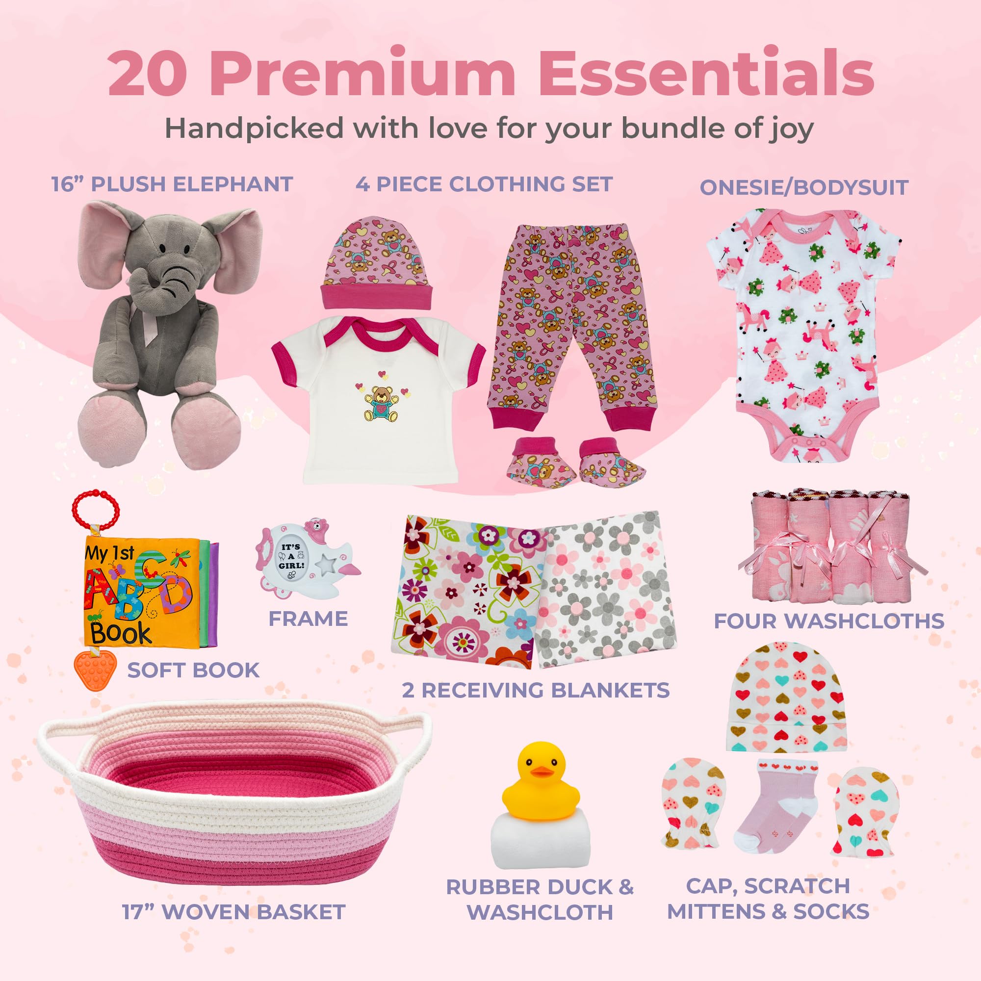 Bundle of Joy Deluxe Newborn Baby Gift Basket Set - Pink Baby Essentials & Layette for Baby Girls | Perfect Baby Shower Gift for Expecting Moms | Nikki's Gift Baskets | Ideal for Welcome Home, Hospital Visits & New Parent Gifting