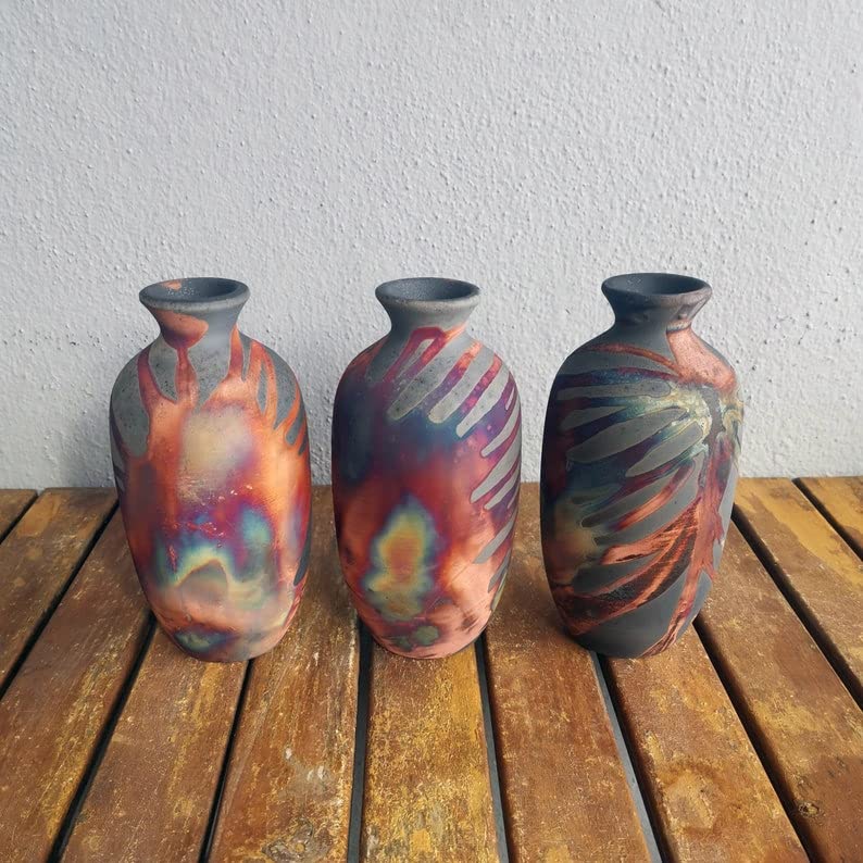 RAAQUU 3 Pack Handmade Ceramic Raku Vase Set - 7 Inch Boho Home Decor, Unique Pottery Gift for Women, Mom, Bridesmaid Wedding Present - Perfect for Living Room, Bedroom & Wedding Centerpiece Decorations